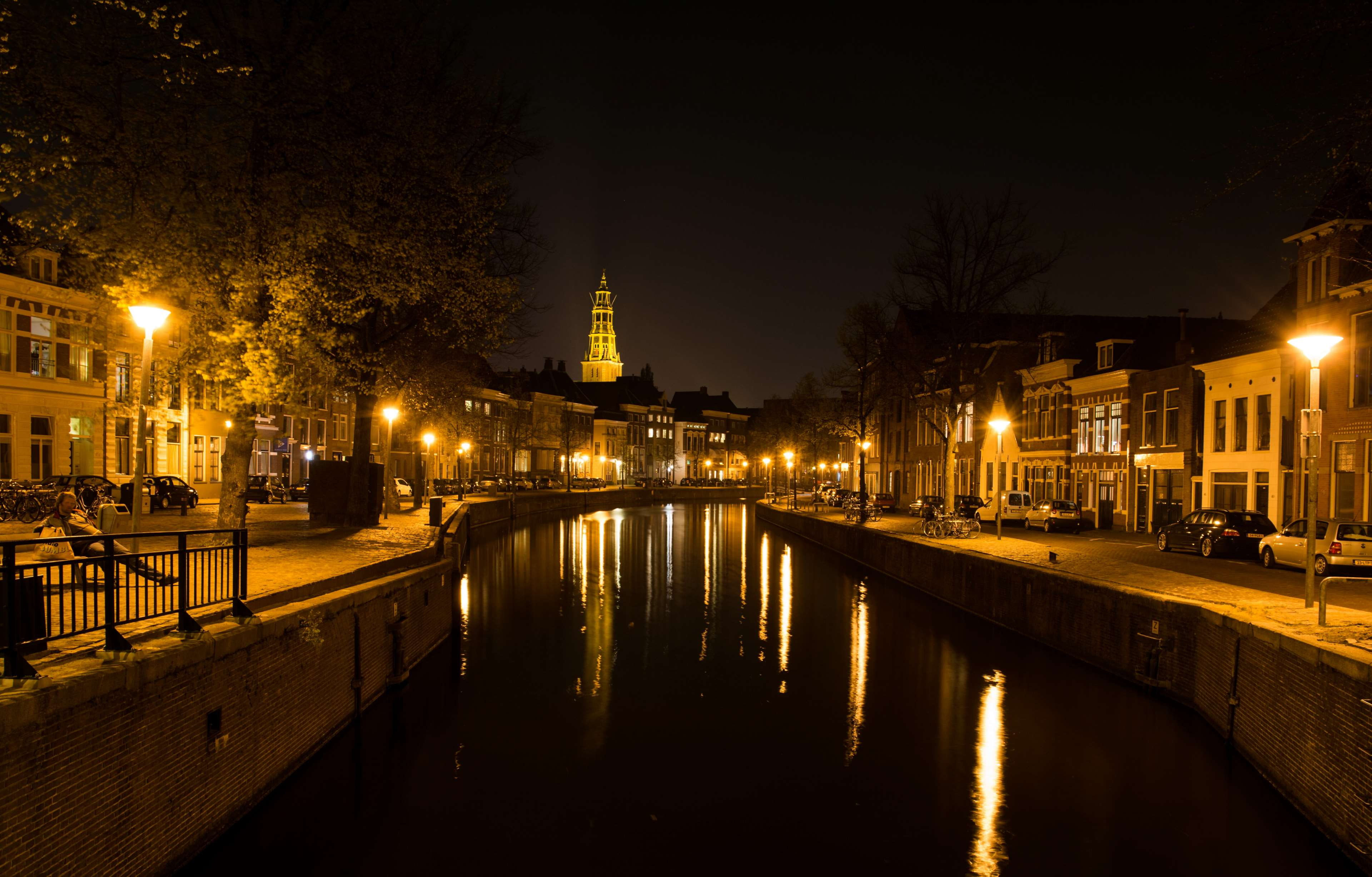groningen, tree, illuminated, building exterior, river, travel destinations, netherlands, no people, city, nightlife, hoge der a, architecture, night, nature, HD Wallpaper