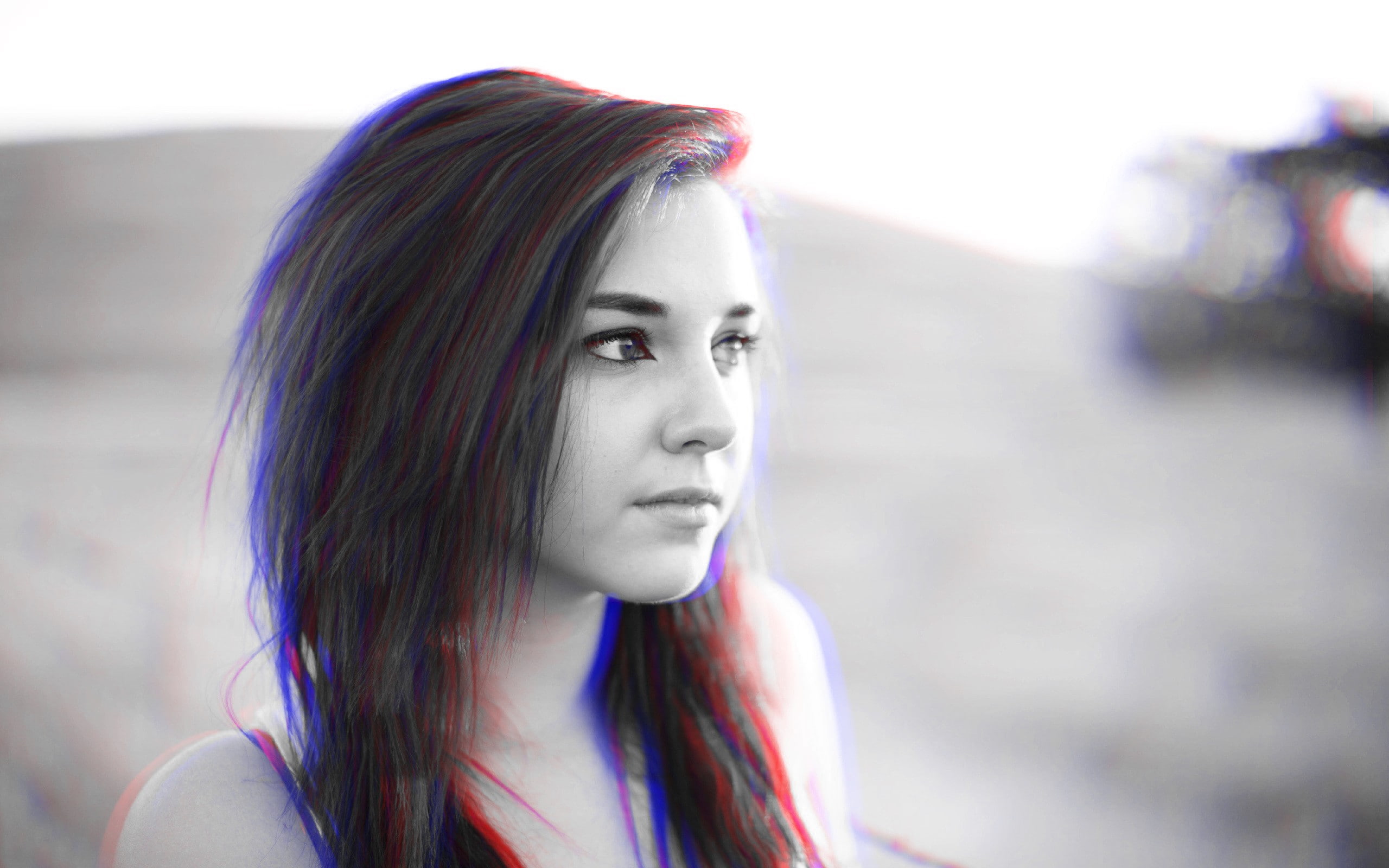 women, 2K, 3D, anaglyph 3D, monochrome, face, HD Wallpaper