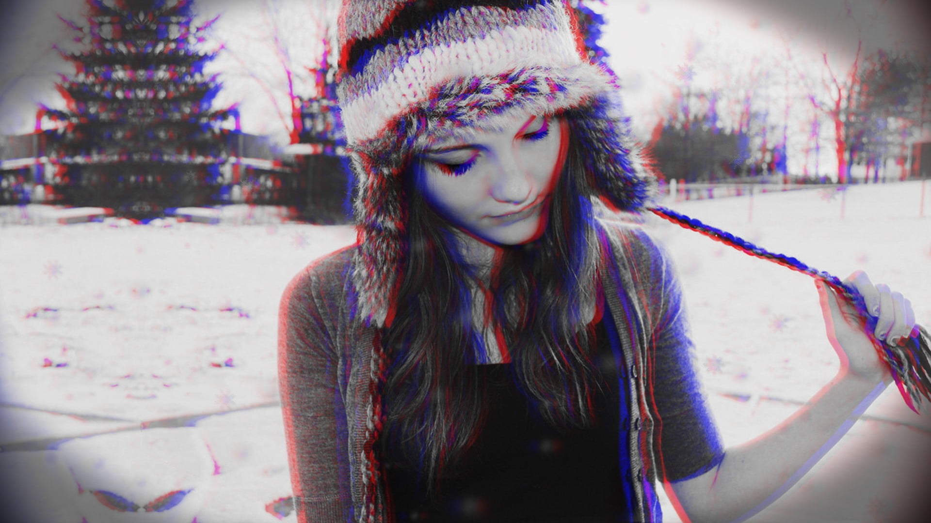 women, beautiful woman, photo, hair, woman, 3D, focus on foreground, women outdoors, anaglyph 3D, cold temperature, warm clothing, young adult, outdoors, HD Wallpaper