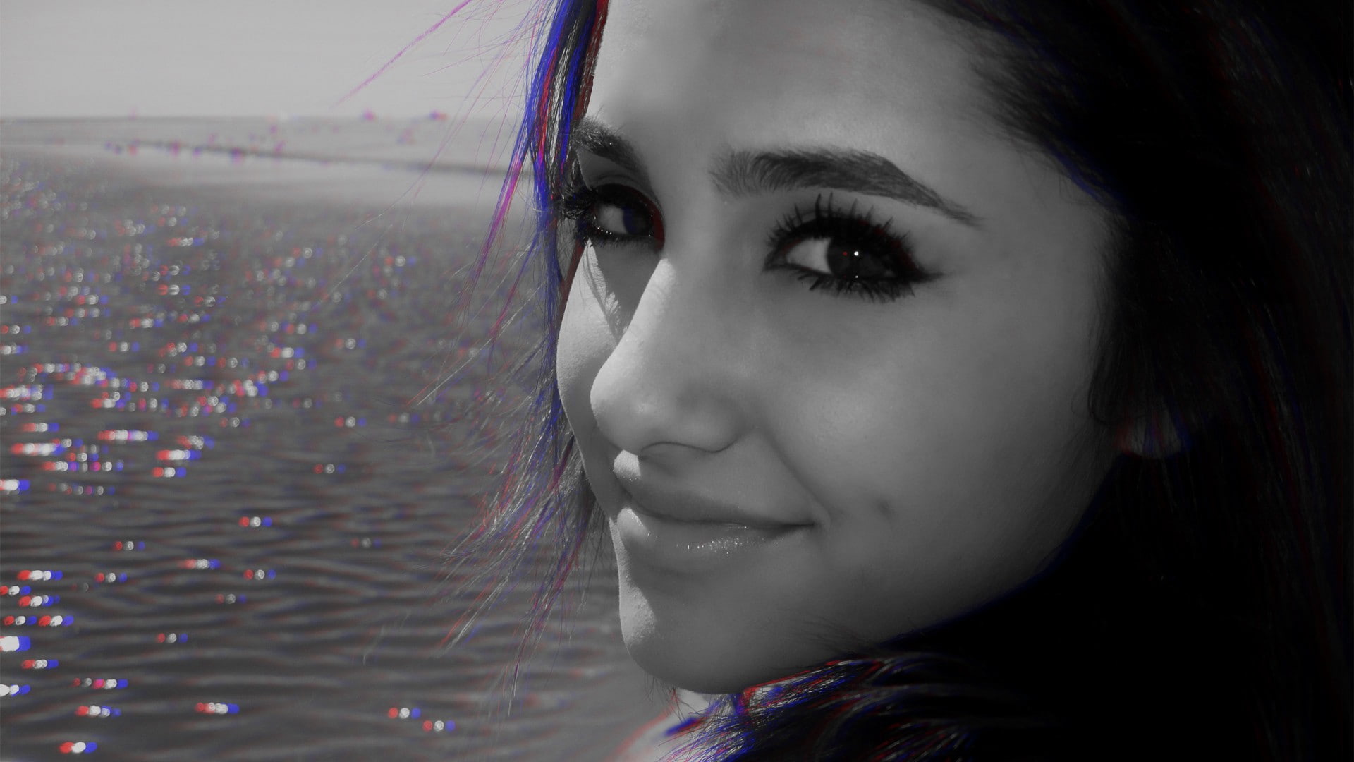 anaglyph 3D, young adult, focus on foreground, monochrome, body part, black background, Arianna Grande, human body part, looking, headshot, human face, HD Wallpaper