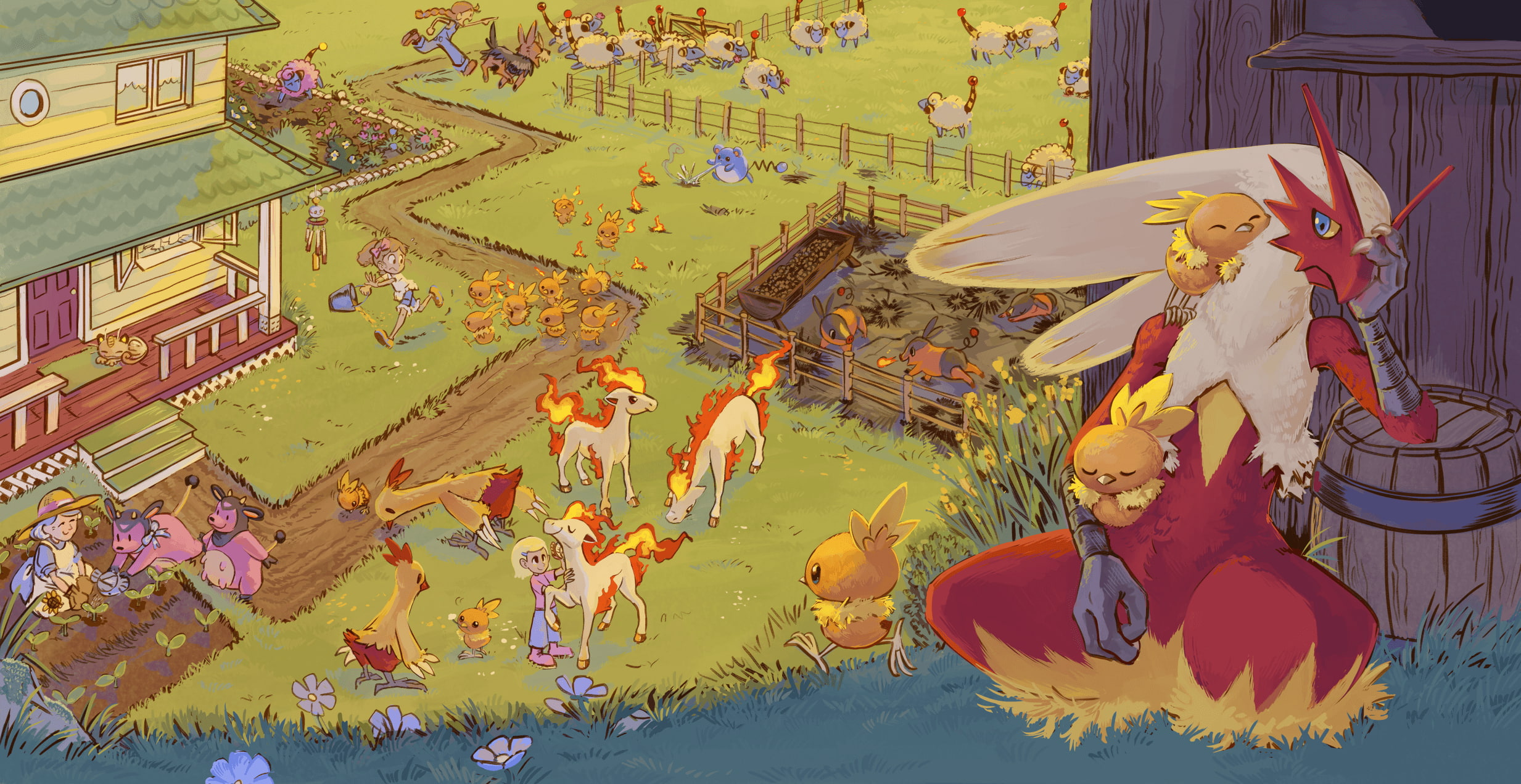 Farm, Ponyta (Pokémon), Combusken (Pokémon), Pokémon, Blaziken (Pokémon), 1080P, Torchic (Pokemon), Miltank (Pokémon), Mareep (Pokémon), Tepig (Pokémon), HD Wallpaper