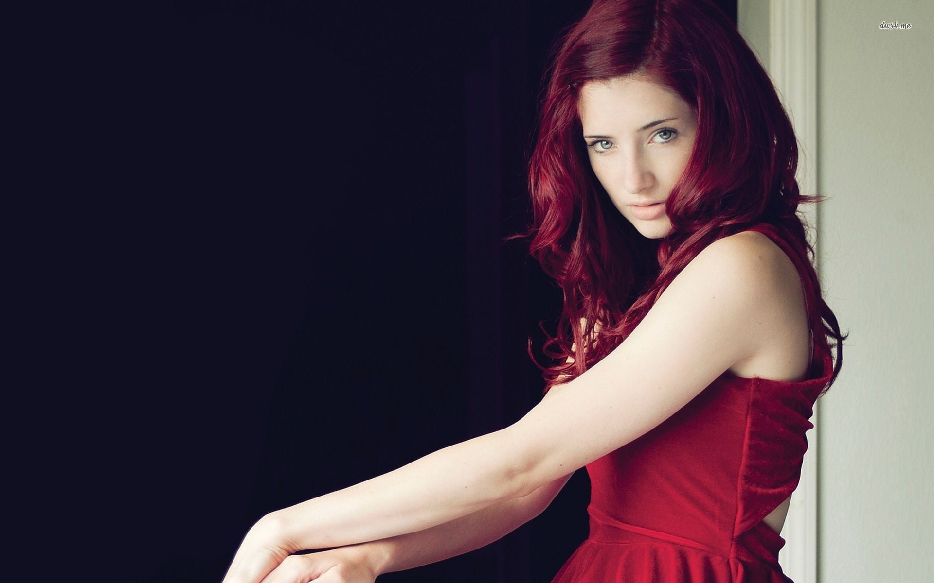 hair, beauty, young women, fashion, casual clothing, portrait, standing, sleeveless, side view, adult, redhead, indoors, contemplation, three quarter length, HD Wallpaper