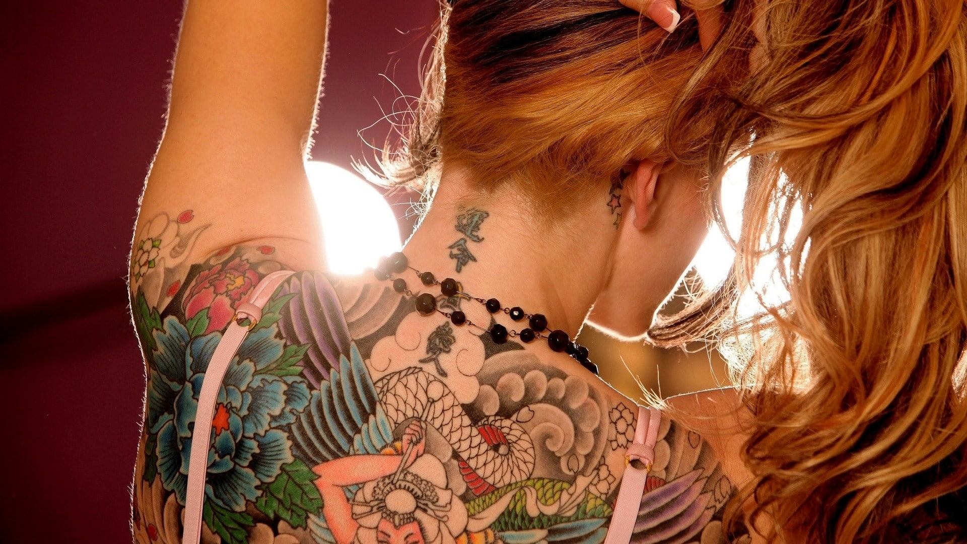 women, tattoo, back, 1080P, tatto, blonde, floral, HD Wallpaper