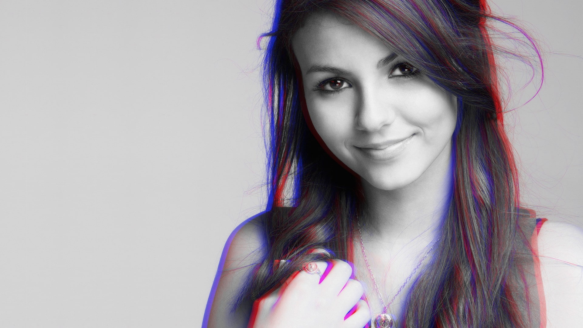 anaglyph 3D, simple background, Victoria Justice, long hair, face, looking at viewer, 1080P, women, HD Wallpaper