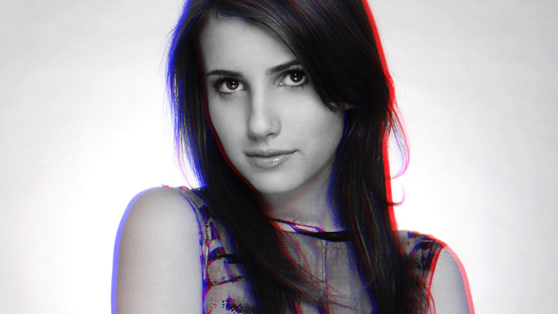 women, 1080P, looking at viewer, anaglyph 3D, face, simple background, long hair, Emma Roberts, HD Wallpaper