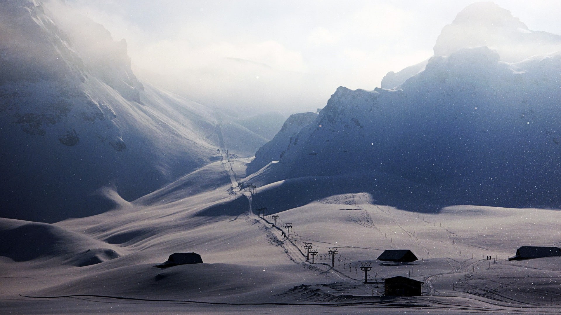 mountains, alone, photography, ice, mist, white, fence, nature, 1080P, house, HD Wallpaper