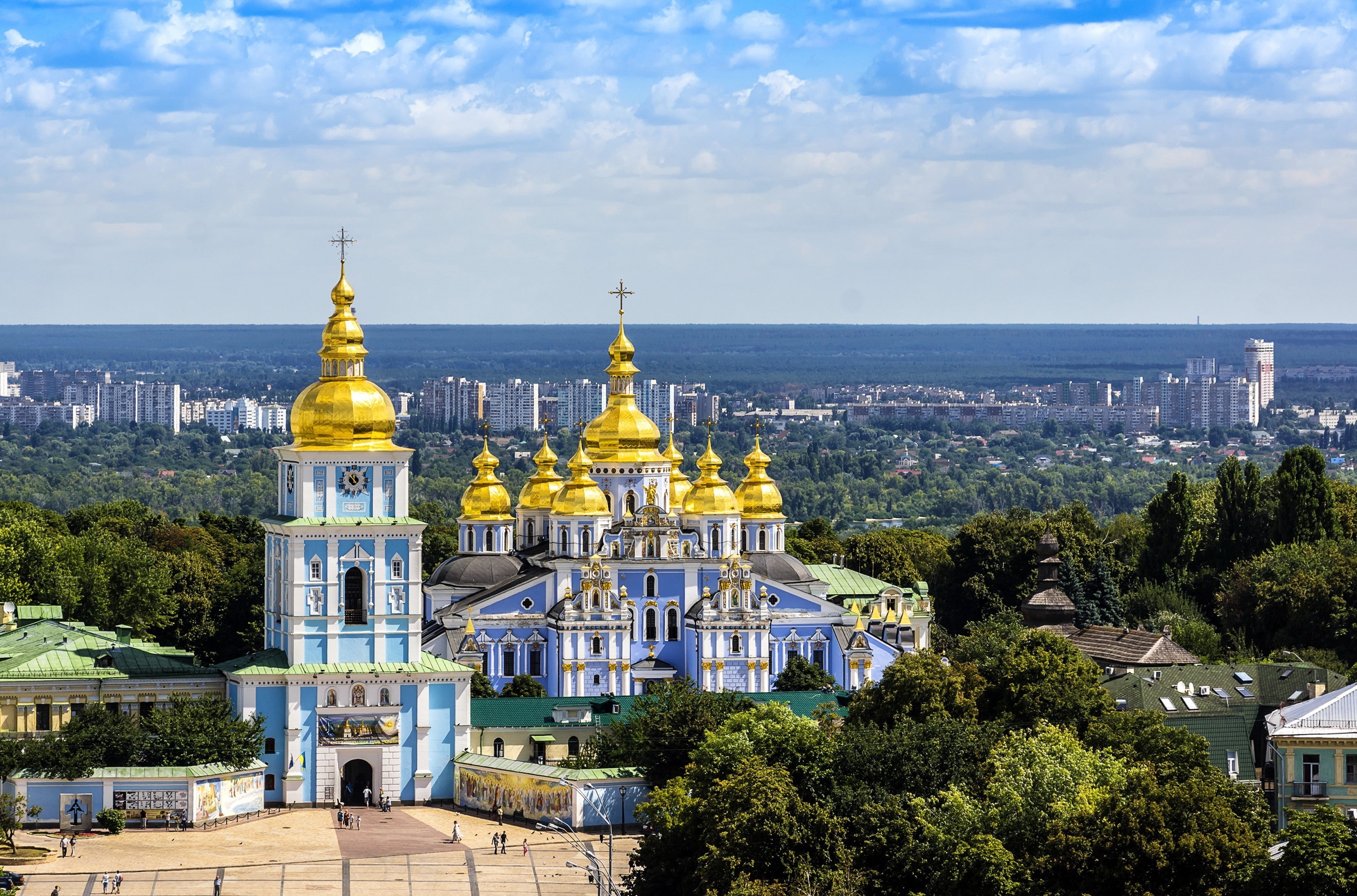 the bell tower, trees, cathedral, the monastery, michaels, houses, sky, Ukraine, St. Michaels Cathedral, view, 2K, st, Kiev, HD Wallpaper