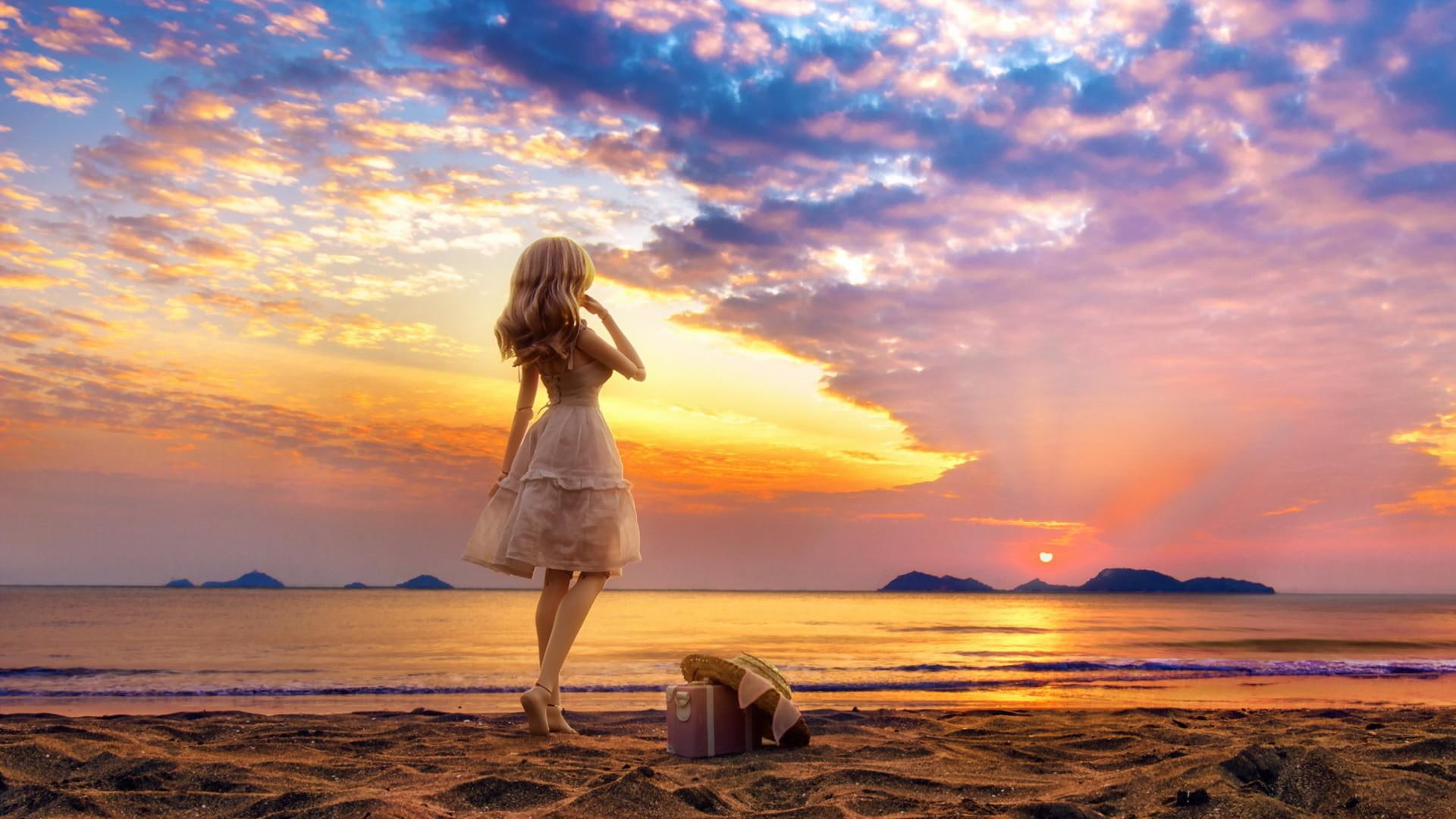 silhouette, hair beauty, beauty, dolls, mainstream, sd dolls, sd, sea, aesthetic, mood, non, hair, non-mainstream beauty silhouette, 1080P, beach, HD Wallpaper
