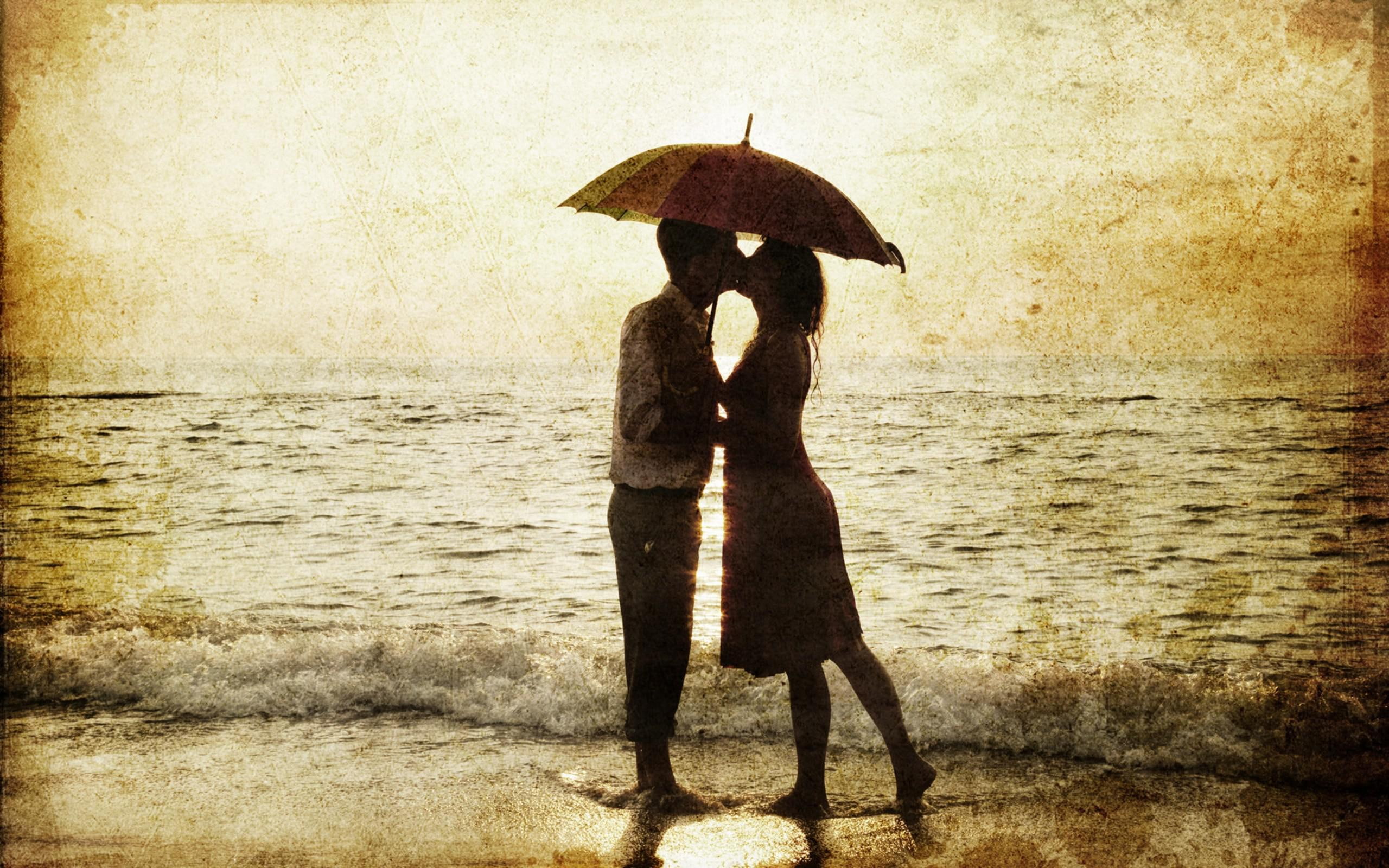 surf, romance, sea, woman, silhouettes, man, love, 2K, rain, HD Wallpaper