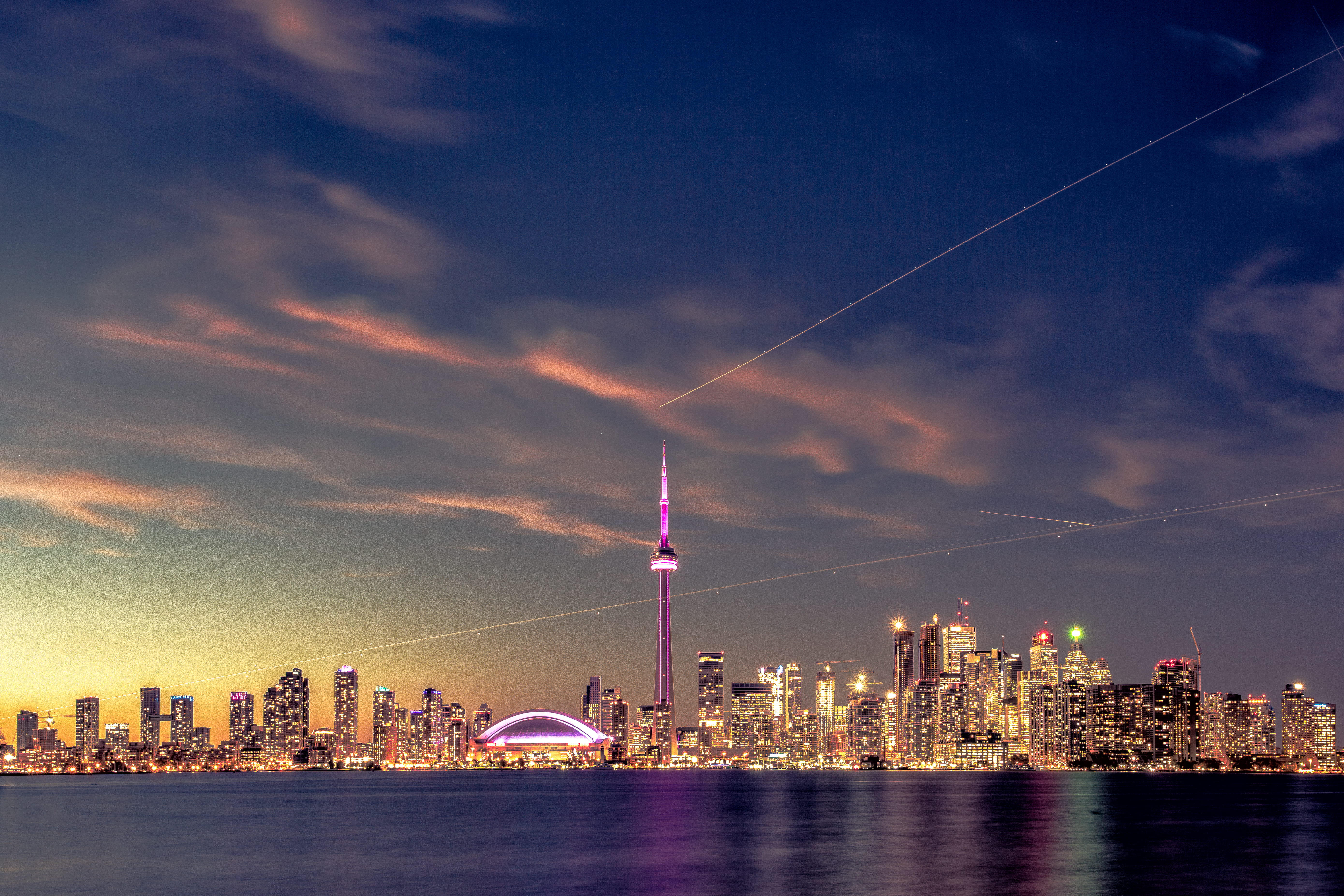 toronto island, outdoors, nature, water, modern, skyscraper, night sky, cityscape, body, night shot, city lights, skyline, urban skyline, near, long exposure, HD Wallpaper