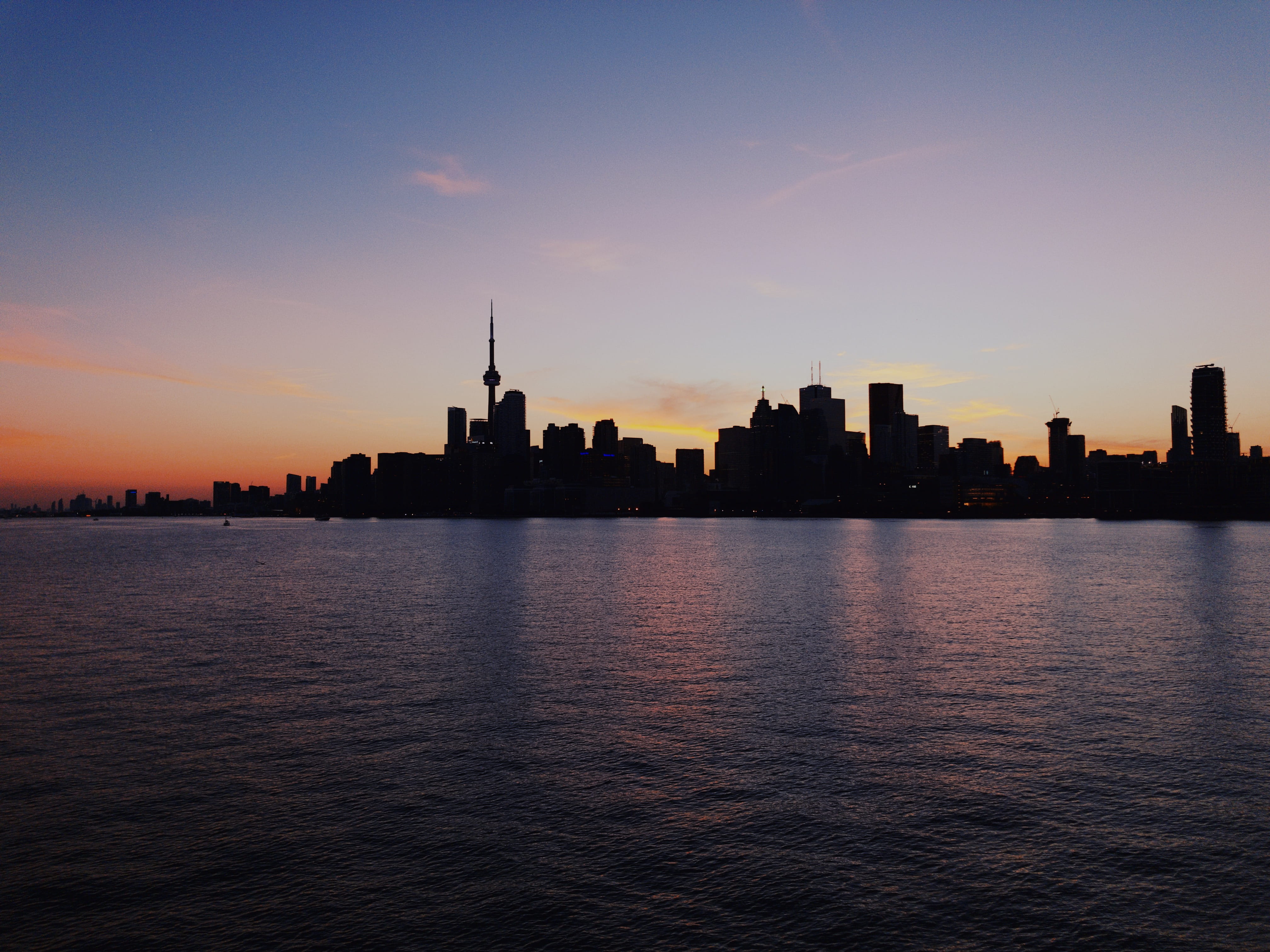 water, cruise, tall - high, cityscape, blue, nature, 4K, architecture, toronto, financial district, orange, evening, silhouette, tower, skyline, waterfront, HD Wallpaper