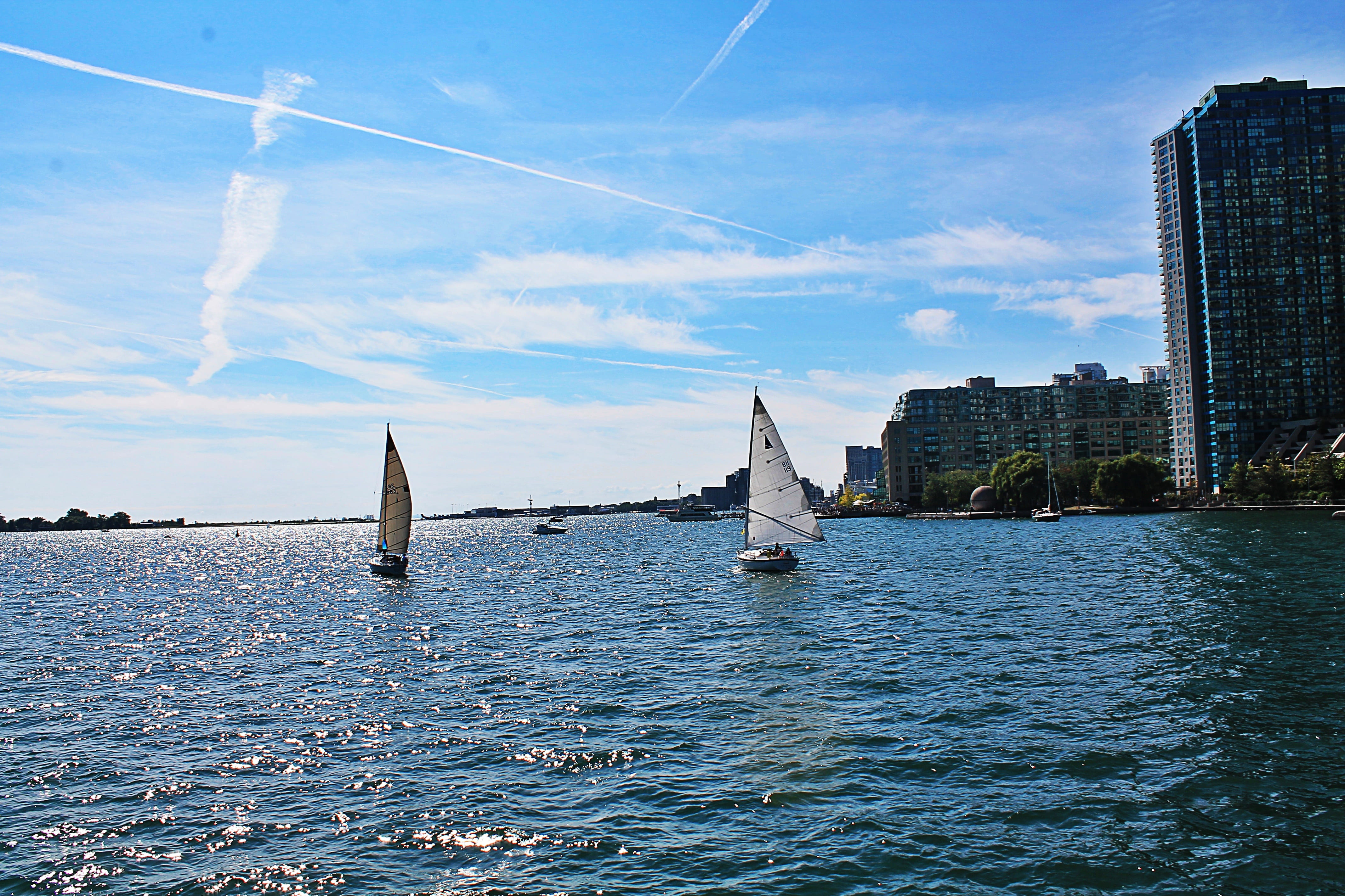4K, blue, bay, built structure, day, sailboat, architecture, sea, island view, nautical vessel, summer view, no people, fishing industry, toronto, transportation, HD Wallpaper