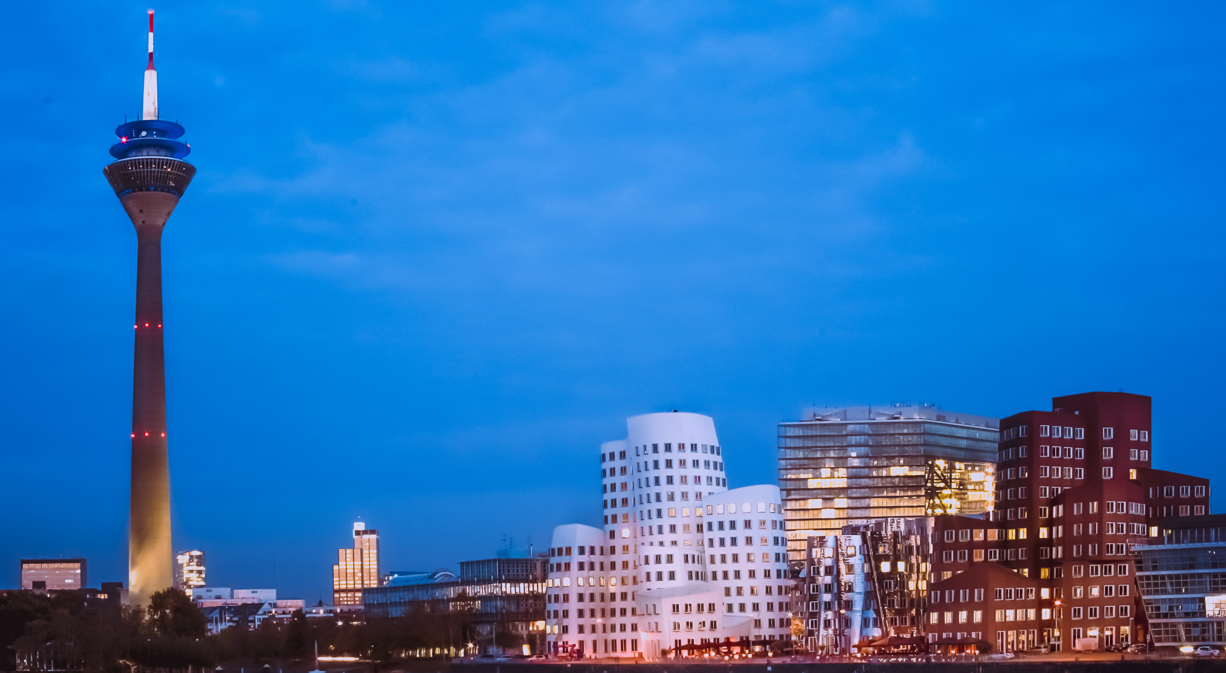 skyscraper, built structure, illuminated, tower, modern, city, building, architecture, travel, travel destinations, landscape, blue, düsseldorf, spire, HD Wallpaper