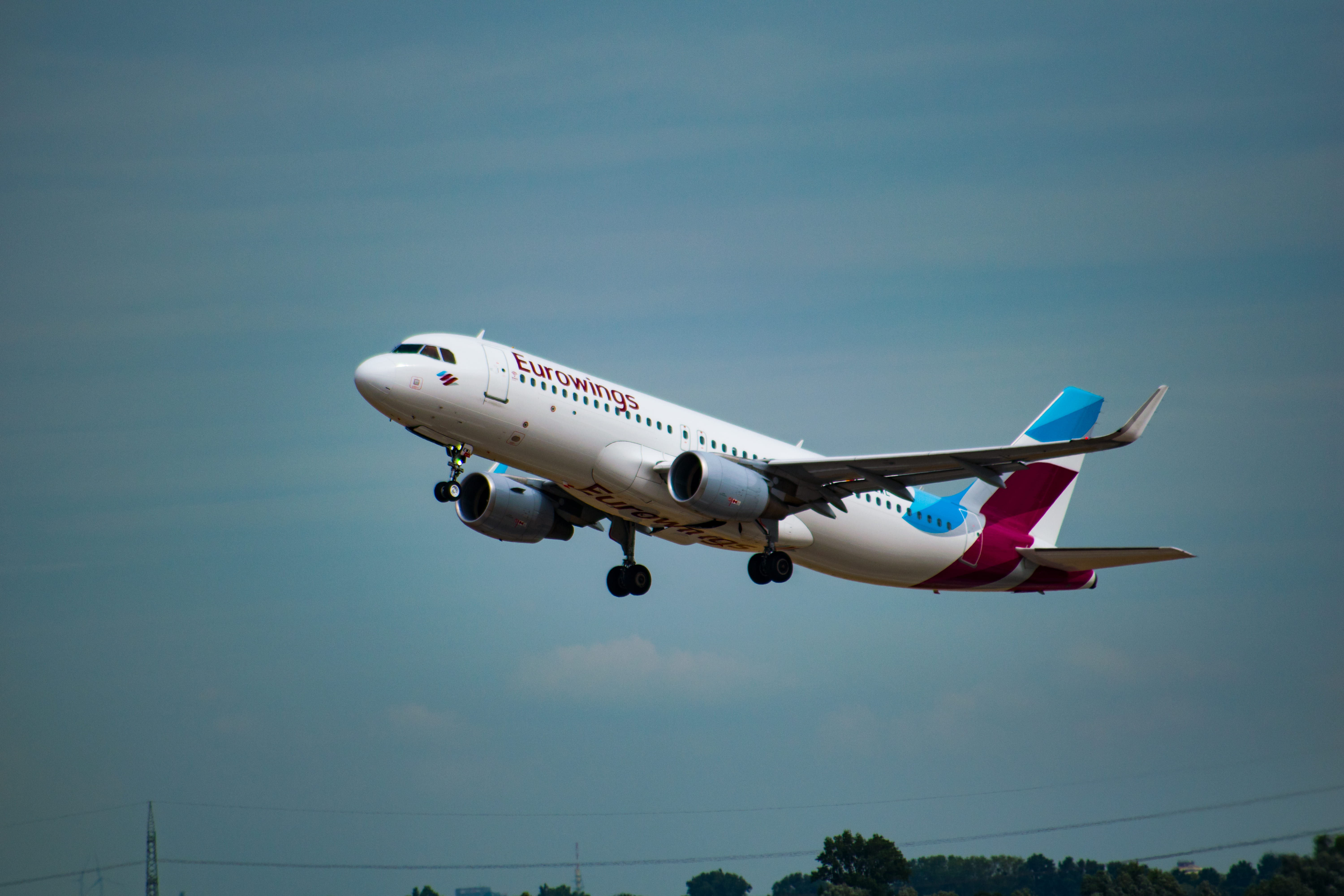plane, nature, 5K, day, aerospace industry, eurowings, fly, outdoors, on the move, germany, flying, düsseldorf international airport, low angle view, airbus a320-214, HD Wallpaper