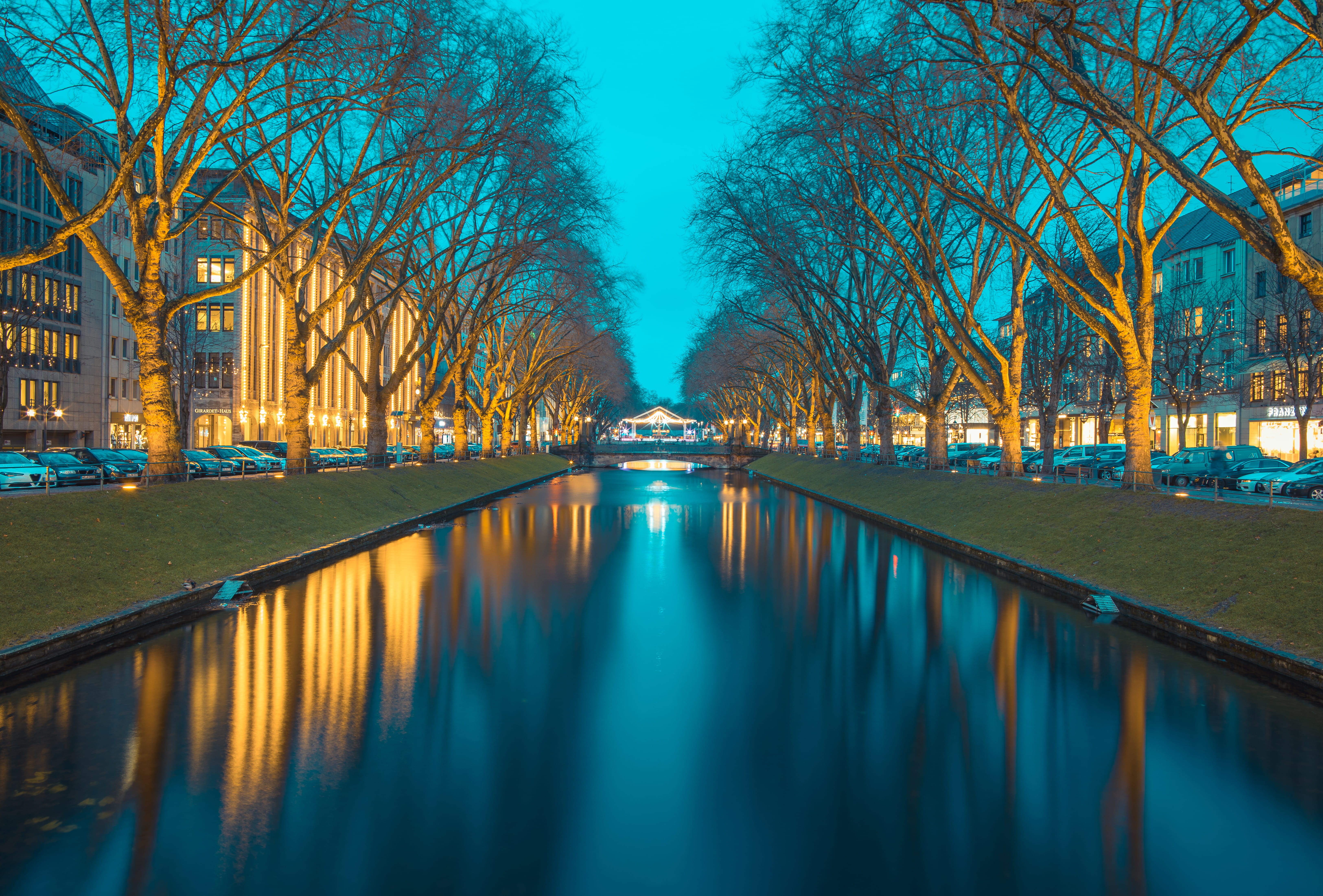 treelined, pond, bare tree, blue, bridge, no people, connection, diminishing perspective, lake, busy, cold, trees, waterfront, outdoors, light, night, built structure, HD Wallpaper
