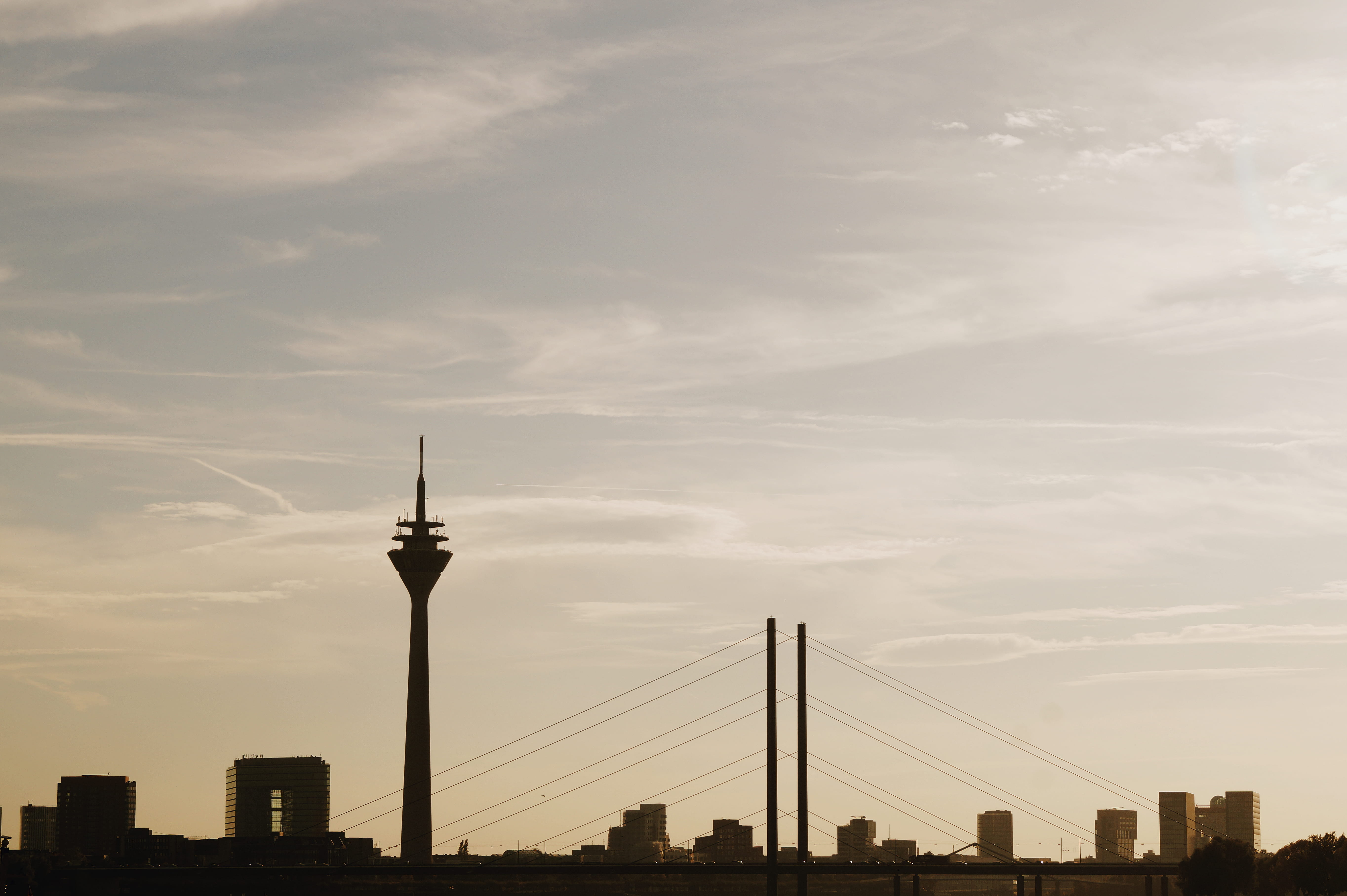 architecture, no people, building, nrw, tall - high, buildings, silhouettes, düsseldorf, spire, tower, sunset, travel destinations, nordrhine westfalia, HD Wallpaper