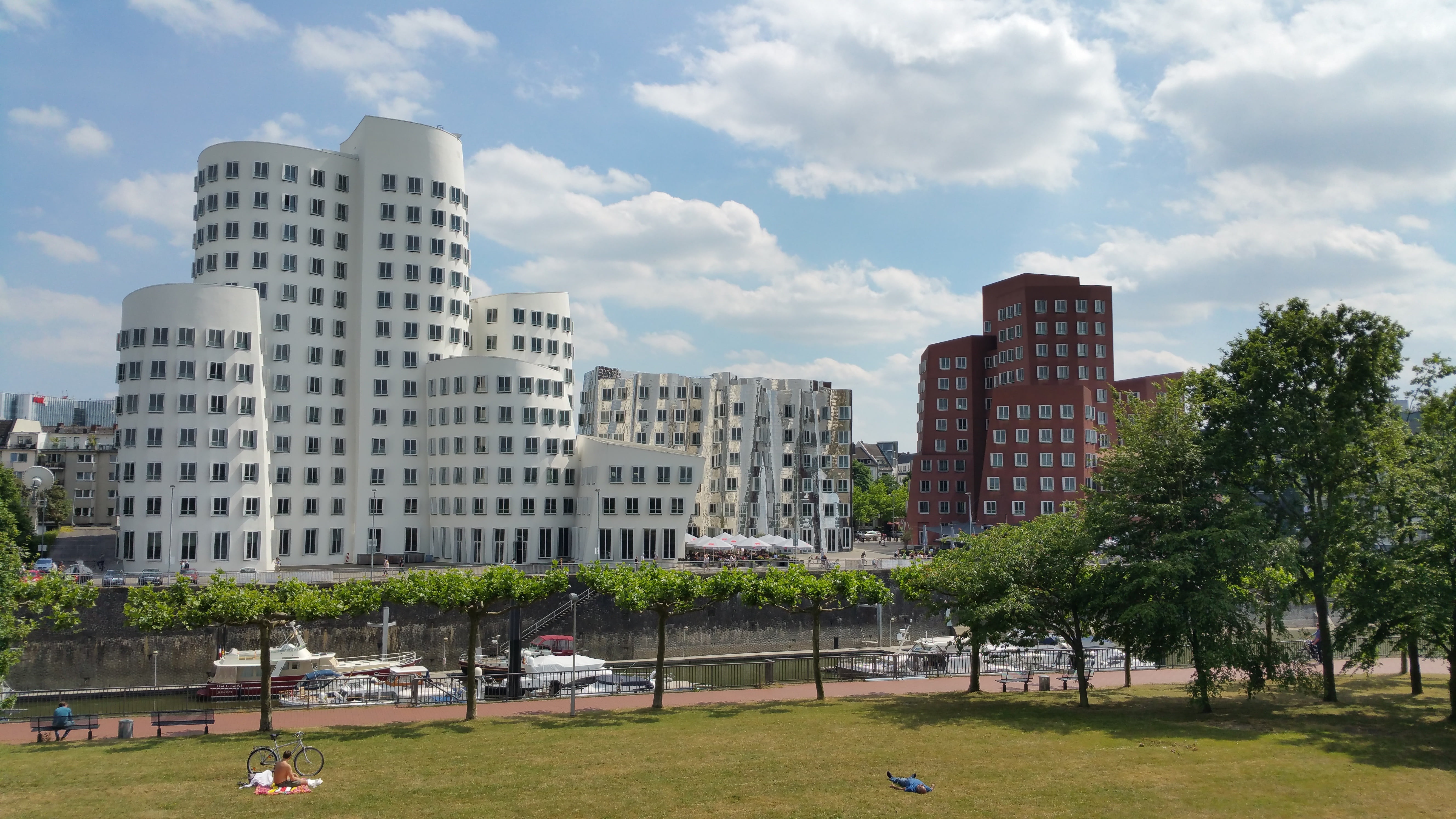 city, nature, travel destinations, day, germany, park, düsseldorf, building exterior, city life, tree, built structure, grass, residential district, no people, HD Wallpaper