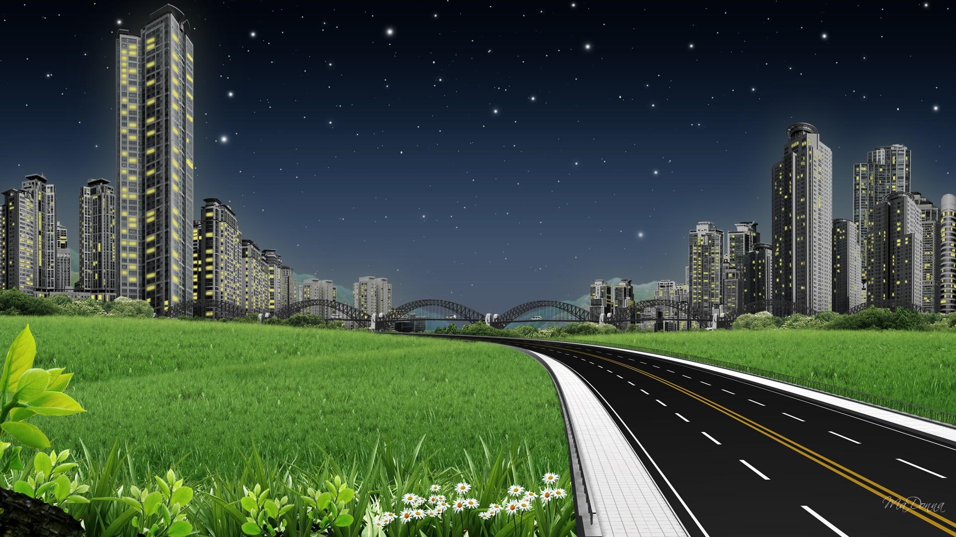 day, grey, tap, park, grass, bridge, illustration, animals, rise, time, city, buidlings, flowers, 1080P, stars, sky scrapers, building, high, road, highway, HD Wallpaper