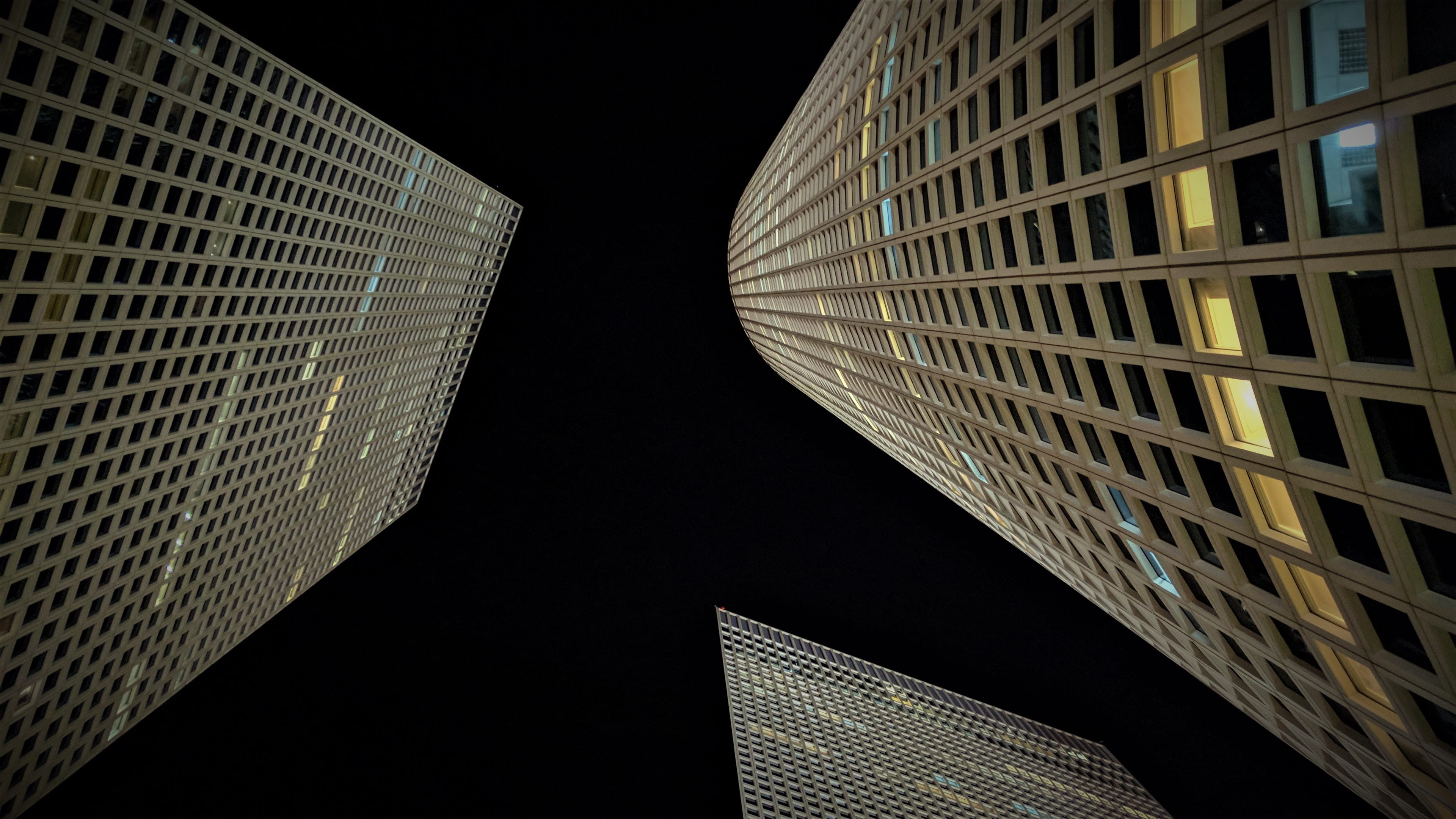 outdoors, modern, tower, architecture, office, building, no people, buildings, 4K, night, black background, nature, illuminated, low angle view, office building exterior, HD Wallpaper