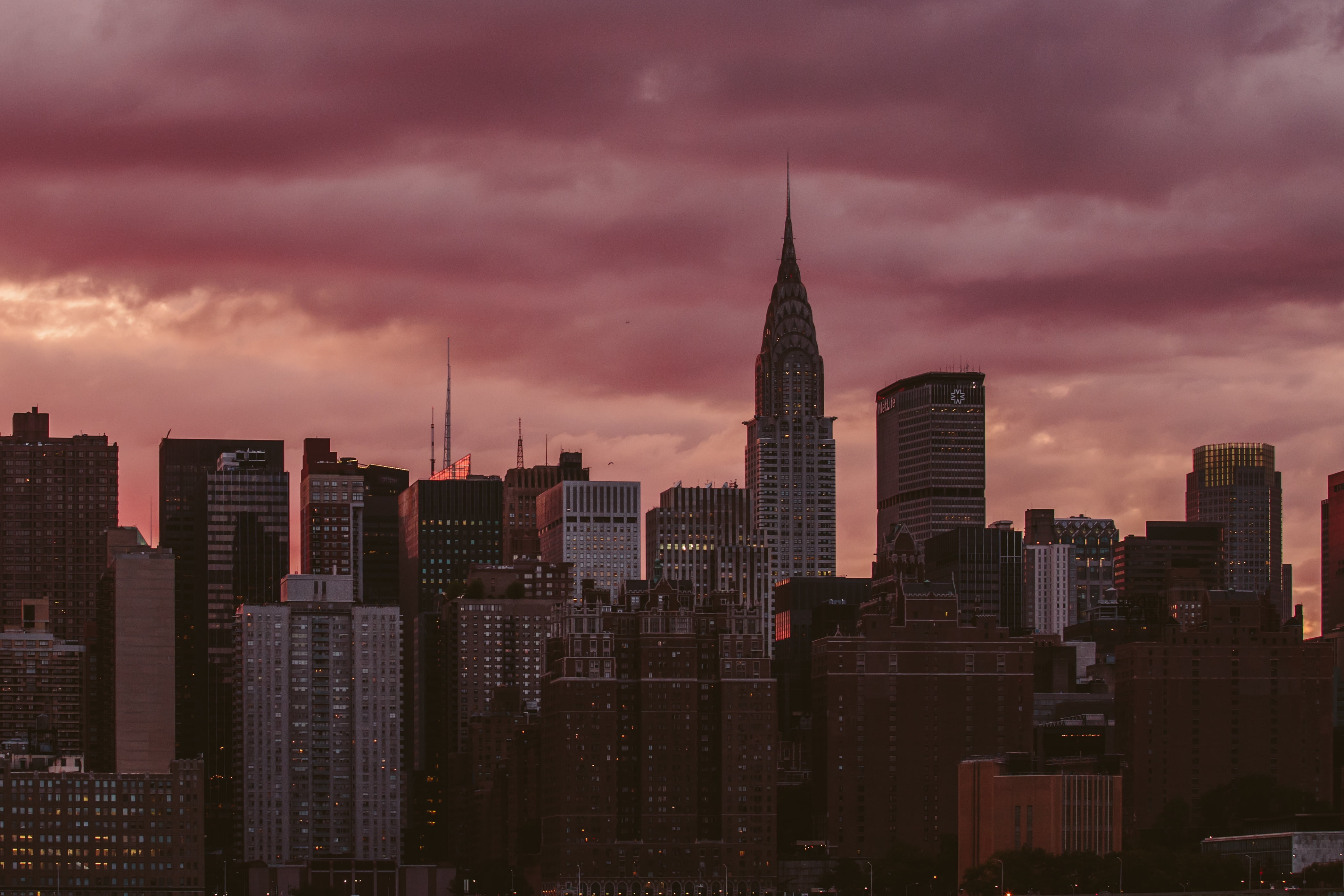 sunset, tall - high, york, cityscape, romantic sky, office building exterior, landscape, building, clouds, tower, downtown, buildings, no people, skyscraper, HD Wallpaper