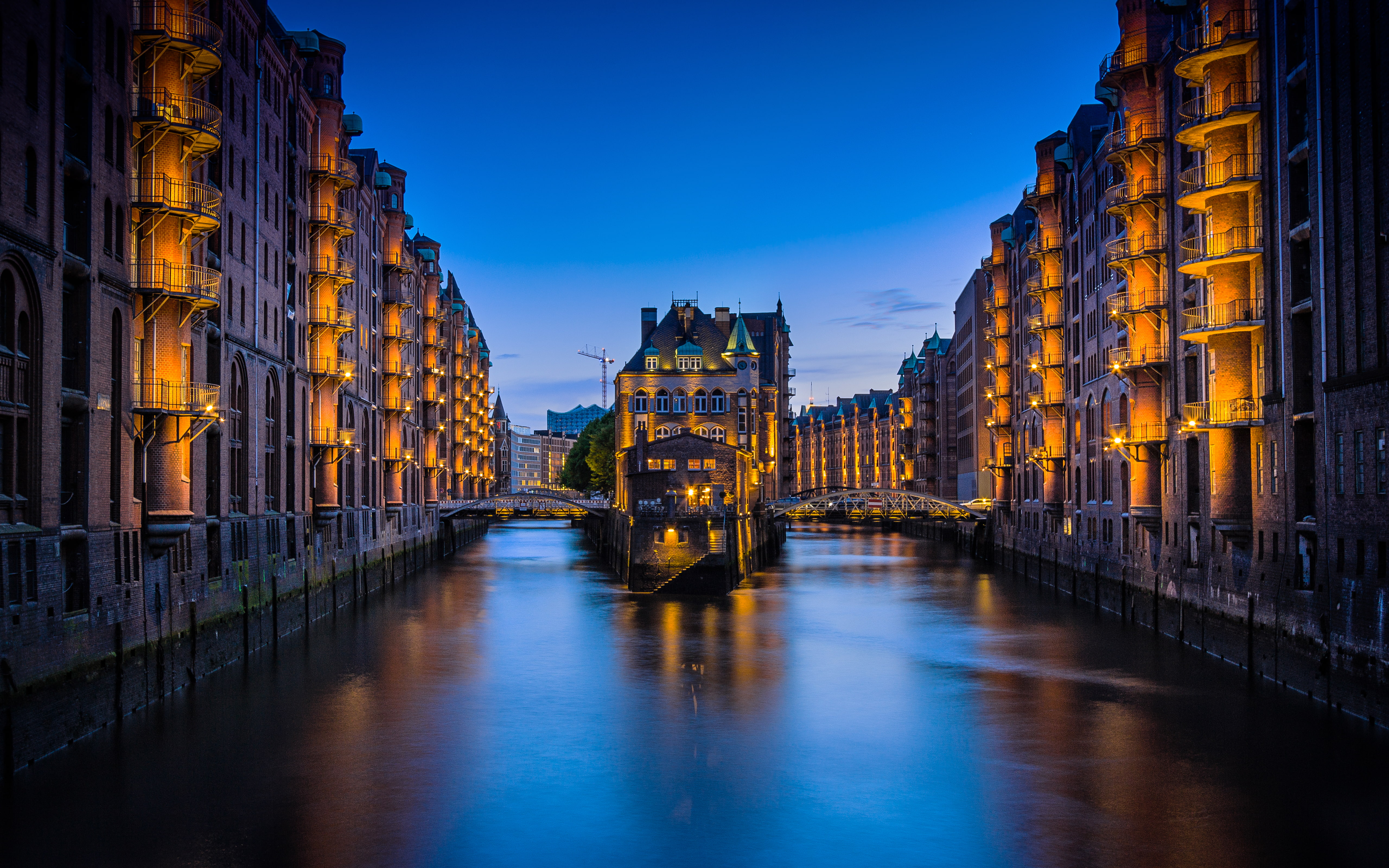 illuminated, city, reflection, hamburg, building exterior, long‑exposure, building, hafen, sky, photography, canal, 5K, bridge, built structure, no people, HD Wallpaper
