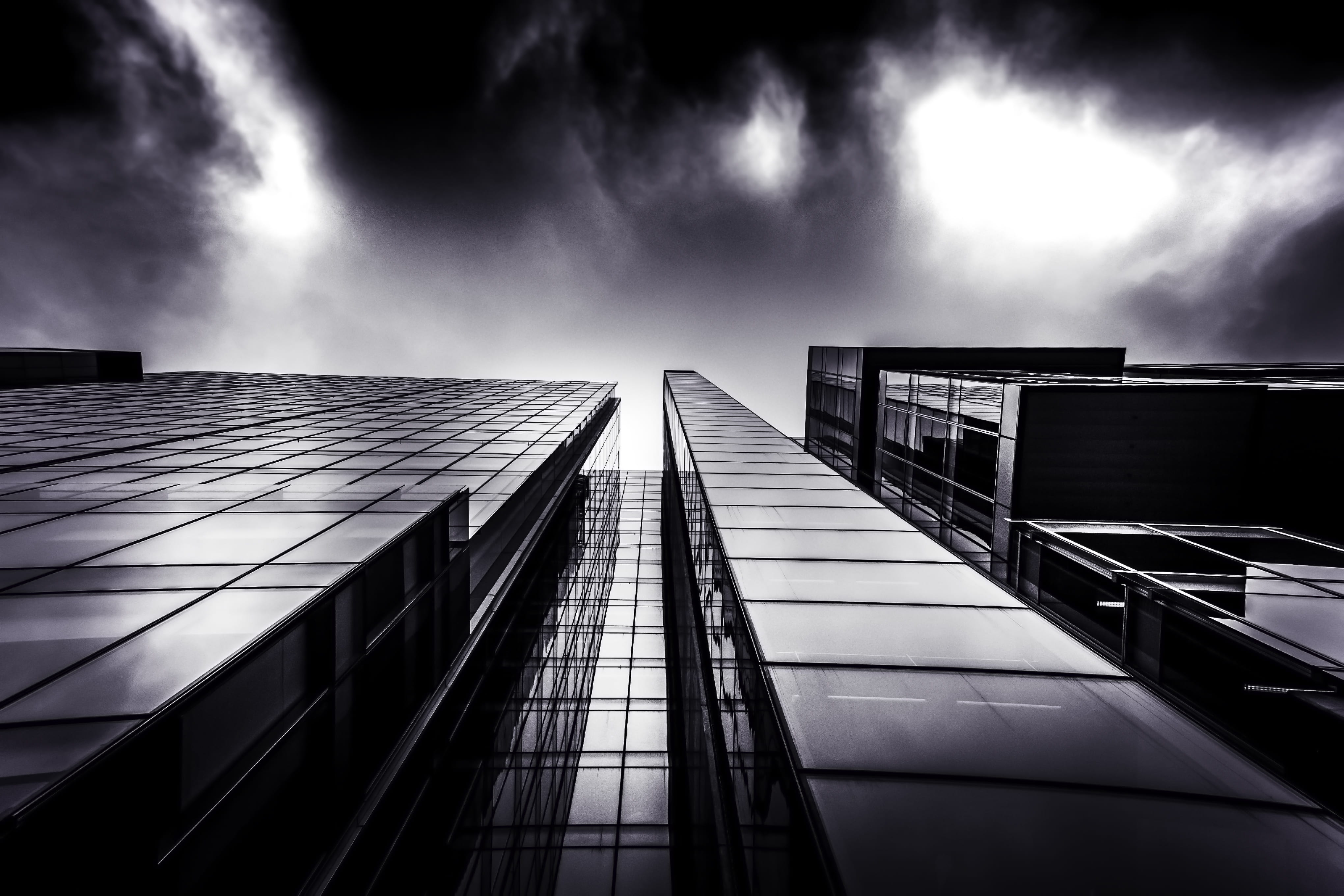 glass, building, low angle view, cloud - sky, design, railing, citycity living, nature, dark, diminishing perspective, untitled, architecture, glass building, HD Wallpaper