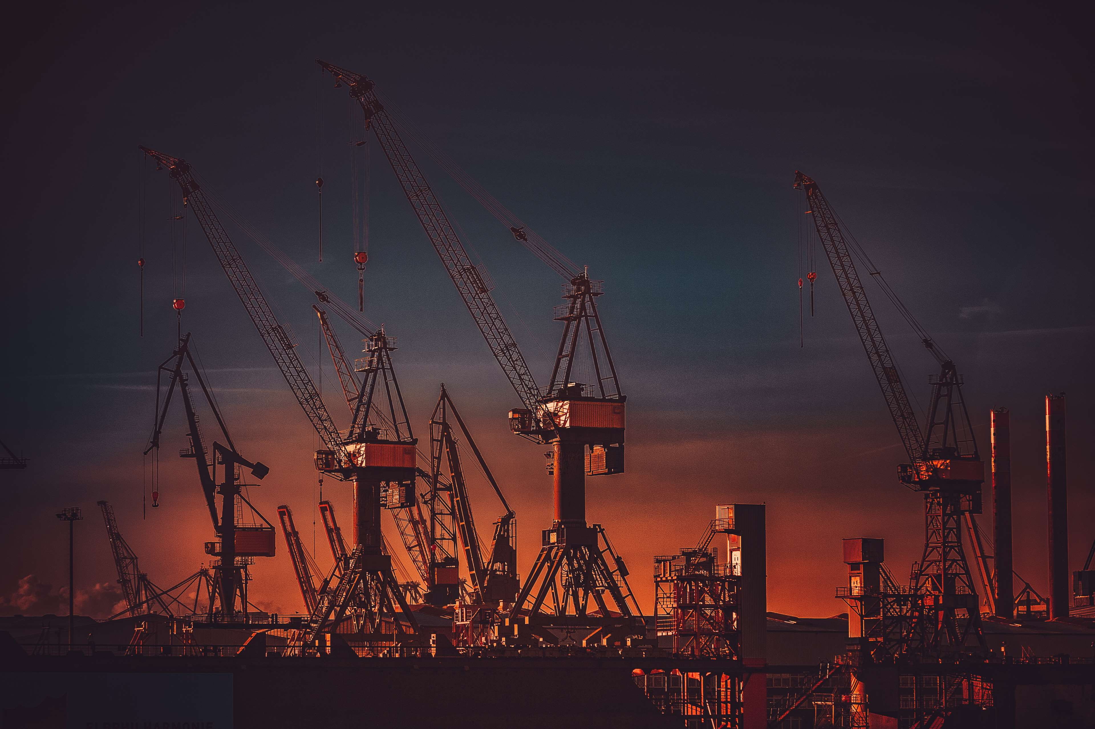 water, freight transportation, harbor, shipping, hafen, construction equipment, 4K, no people, night sky, hamburg, nature, commercial dock, night, business, HD Wallpaper