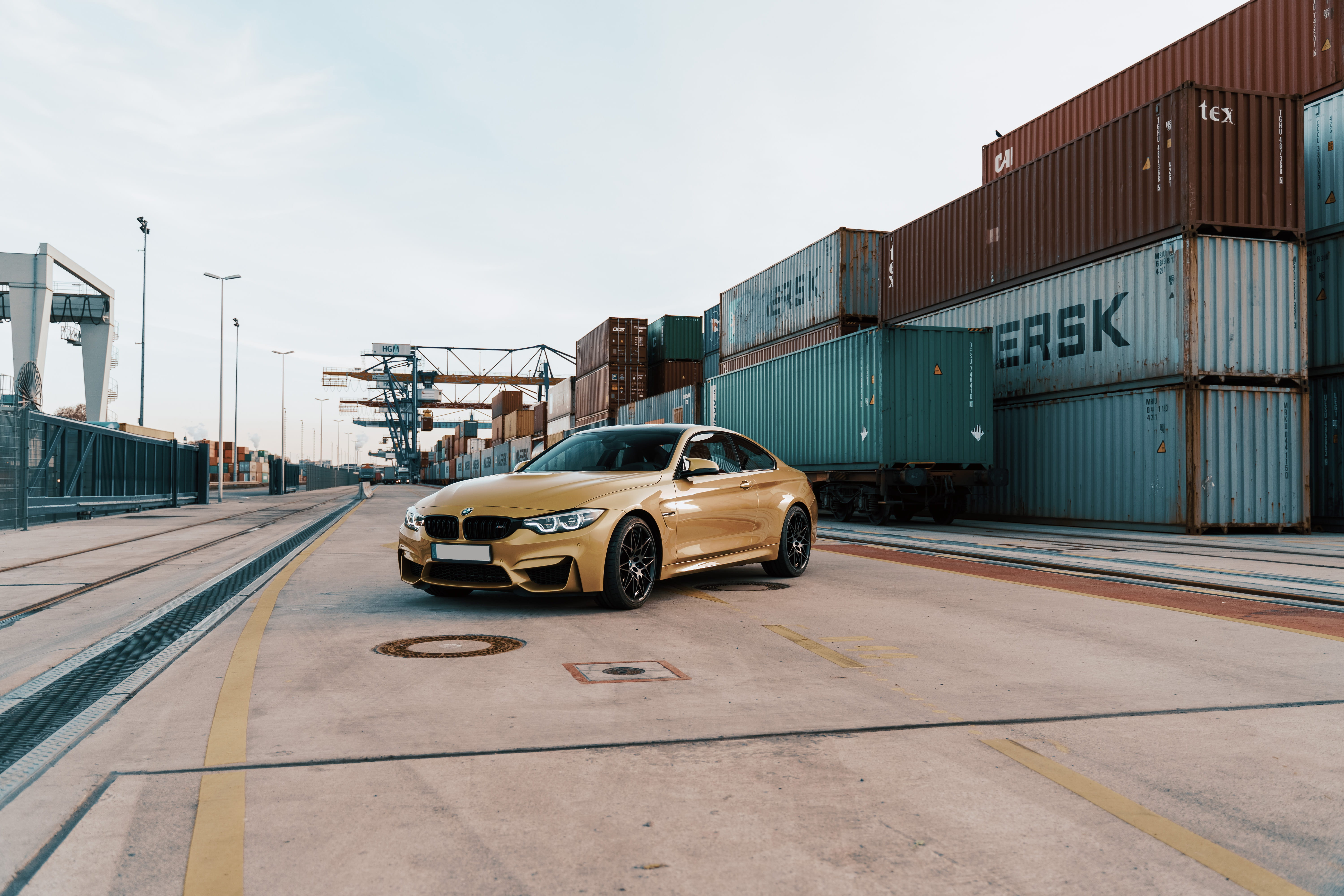 luxury, daytime, near, building, vehicle, cargo container, architecture, machine, motor vehicle, sports car, cranes, mode of transportation, rails, transportation, HD Wallpaper