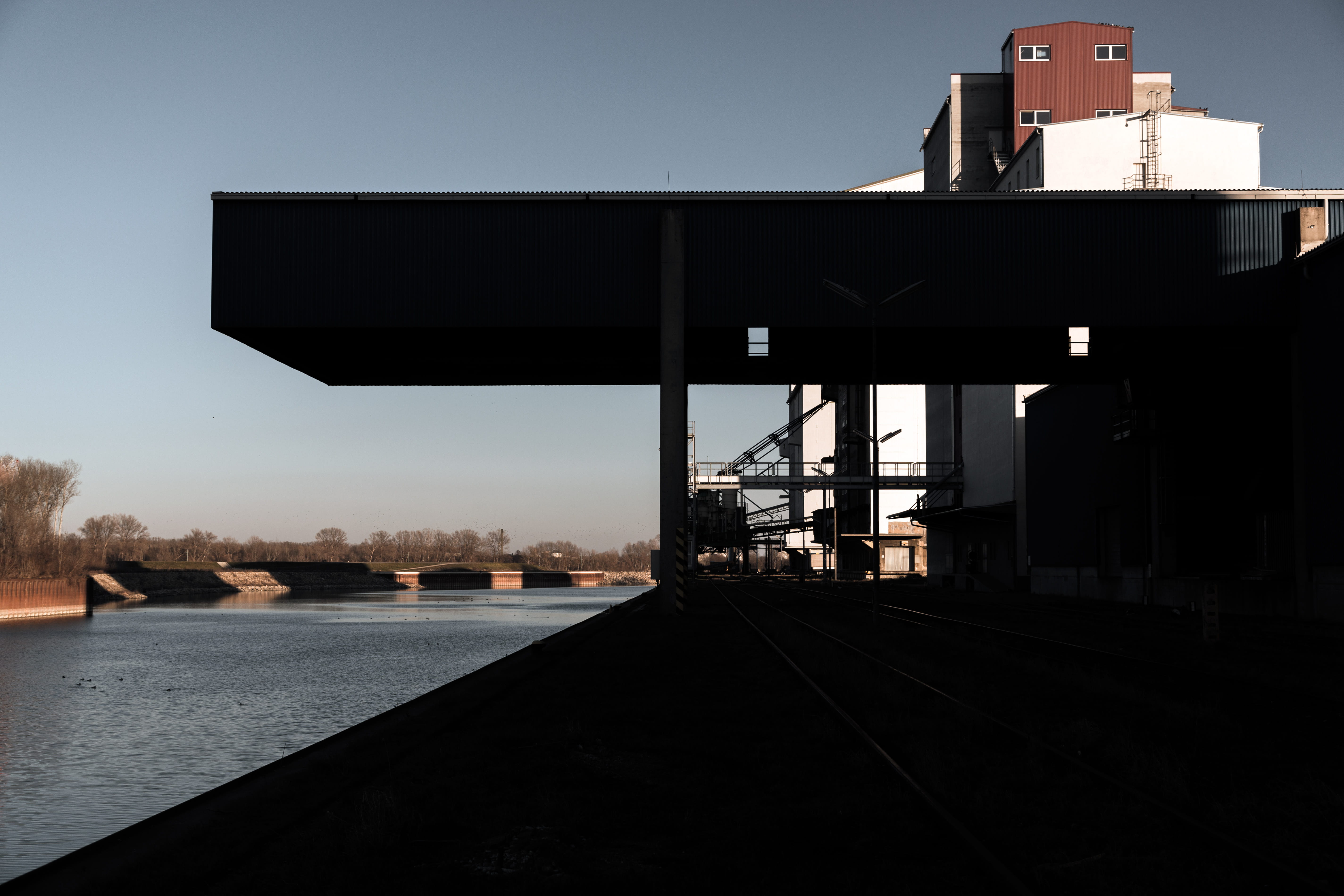 harbour, no people, industry, clear sky, city, architecture, sky, building exterior, track, mode of transportation, nature, 5K, transportation, river, HD Wallpaper