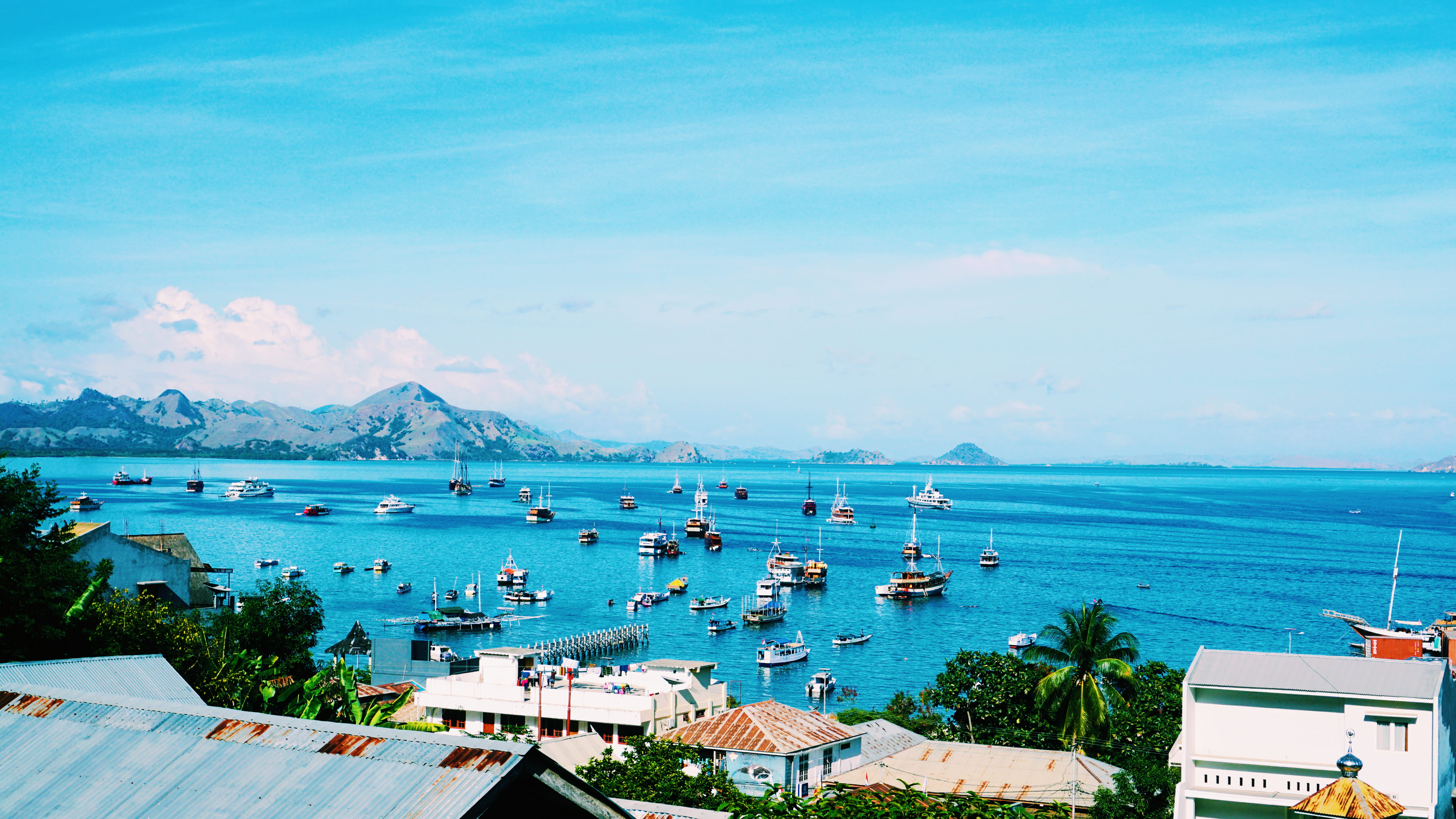blue sky, east nusa tenggara, sky, 5K, high angle view, tree, landscape, no people, manggarai, sailboat, harbour, nautical vessel, outdoors, plant, labuan bajo, HD Wallpaper