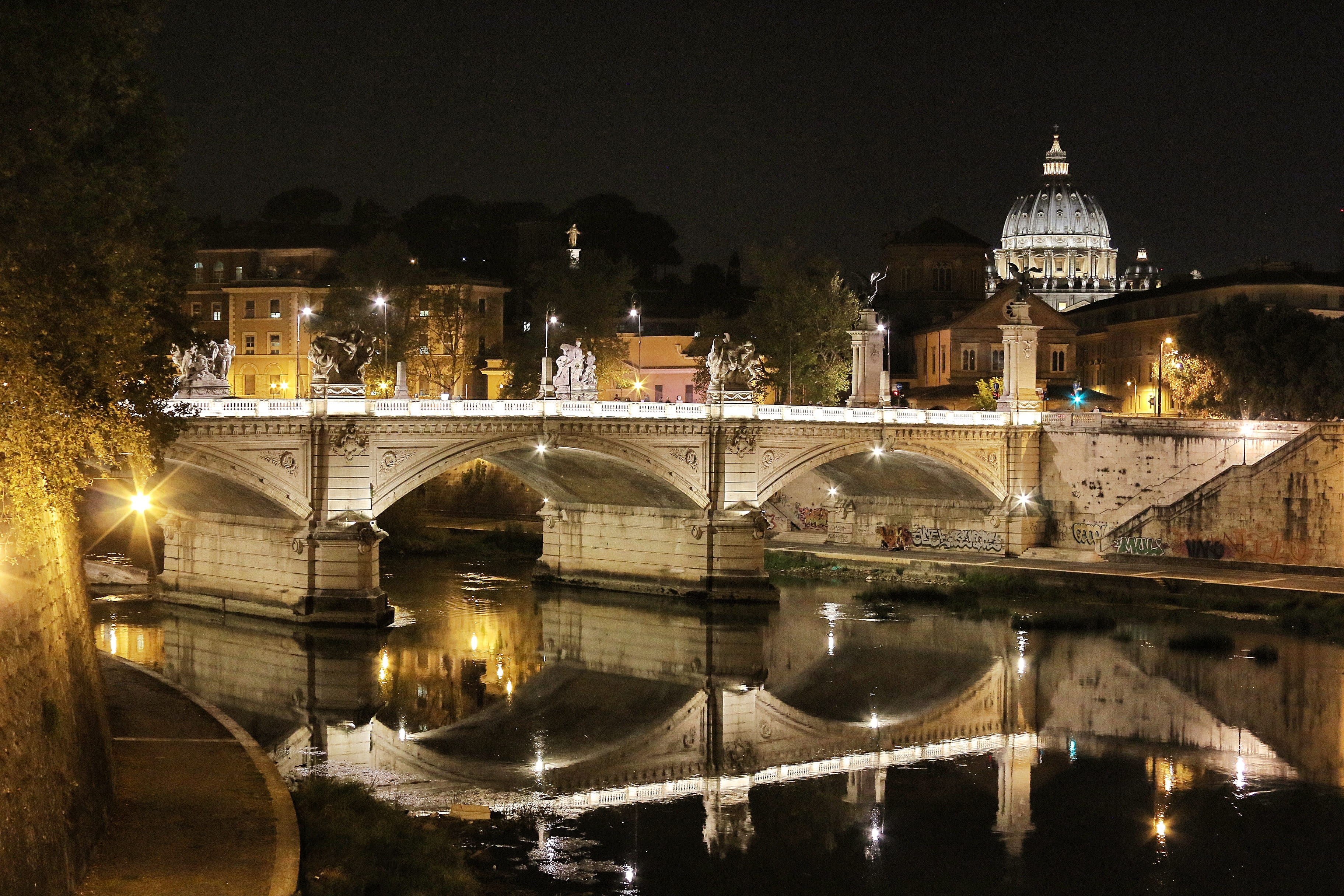 light, travel, illuminated, nature, travel destinations, building, city, no people, pont, transportation, built structure, rome, connection, architecture, HD Wallpaper