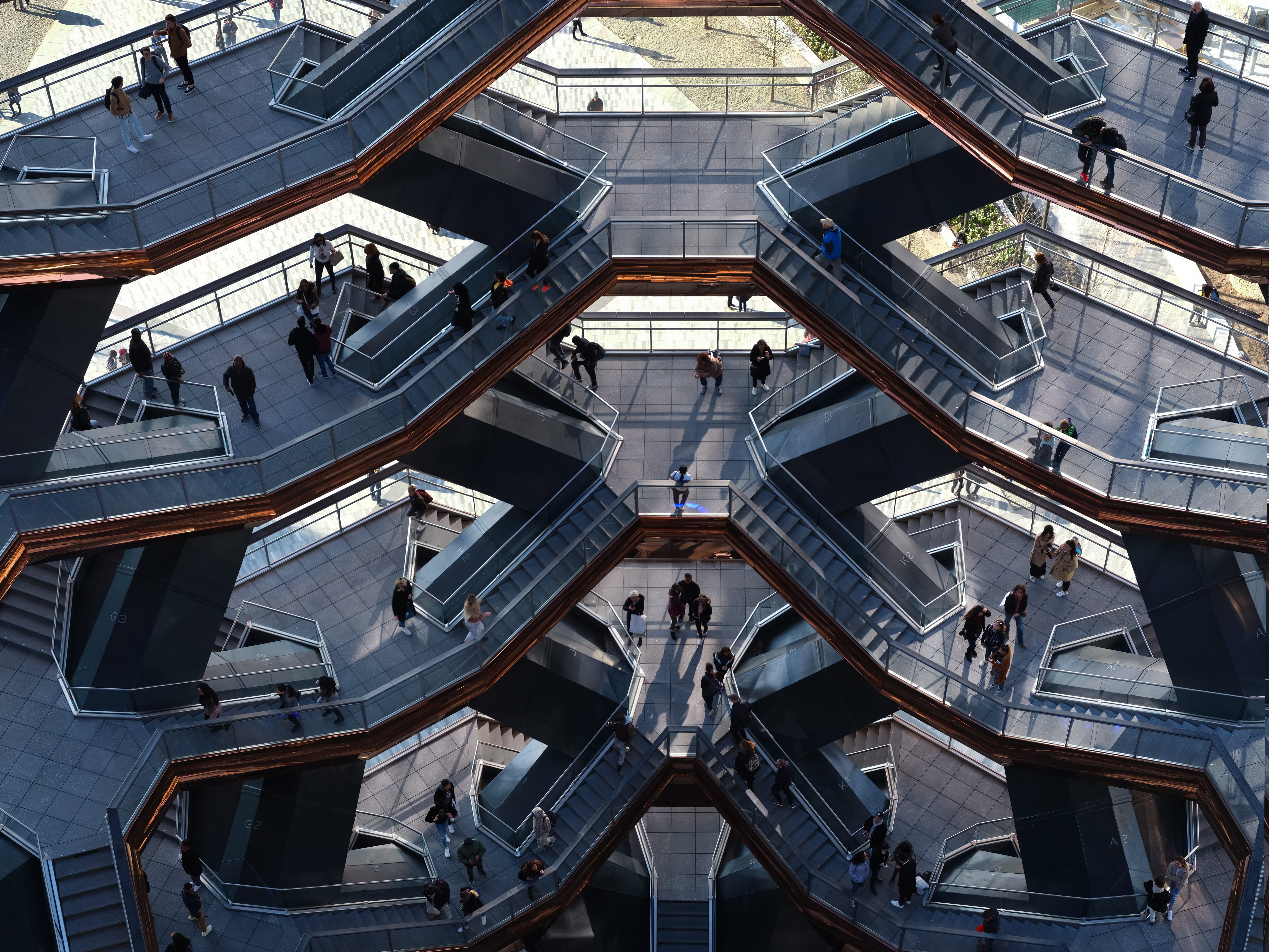 men, travel destinations, high angle view, the vessel, staircase, building exterior, outdoors, new york city, building, architecture, hudson yard, travel, HD Wallpaper