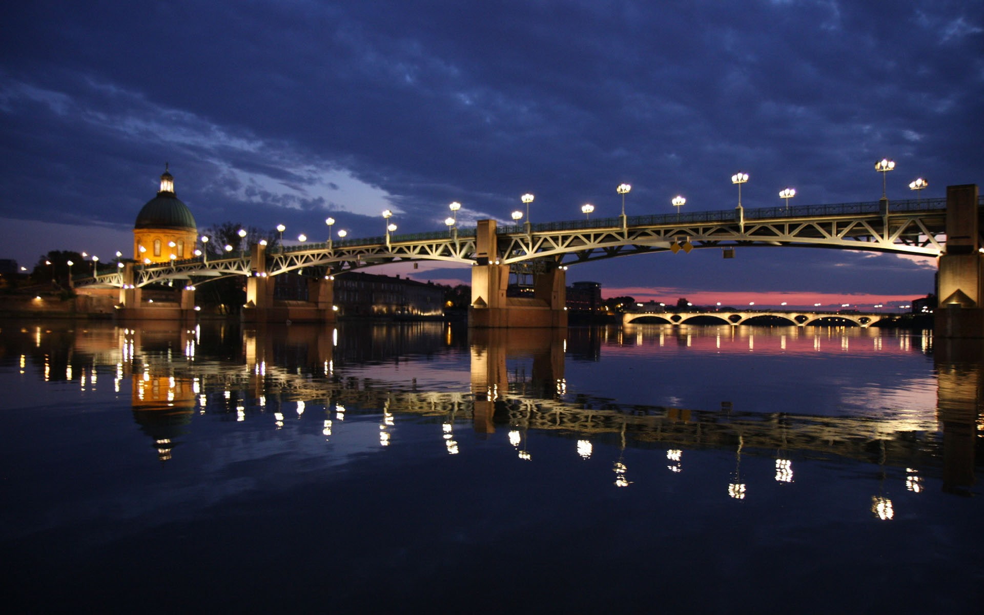 1080P, water, connection, built structure, sky, bridge - man made structure, France, bridge, night, city, Toulouse, waterfront, Pont Saint-Pierre, dusk, HD Wallpaper