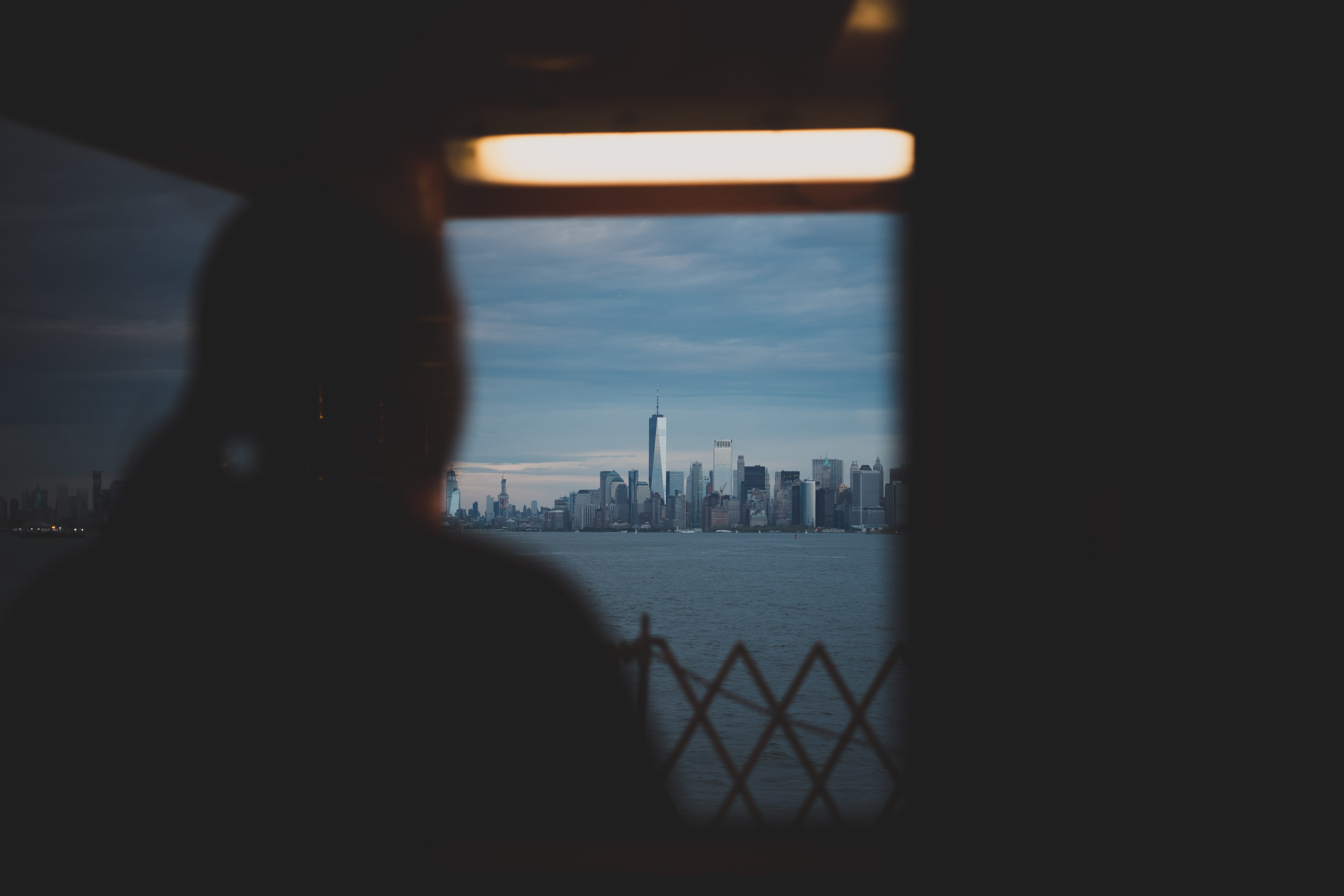 skyscraper, sunset, ferry, new york city, water, new york, building exterior, office building exterior, one wtc, buildings, city, nyc, tall - high, focus on background, HD Wallpaper
