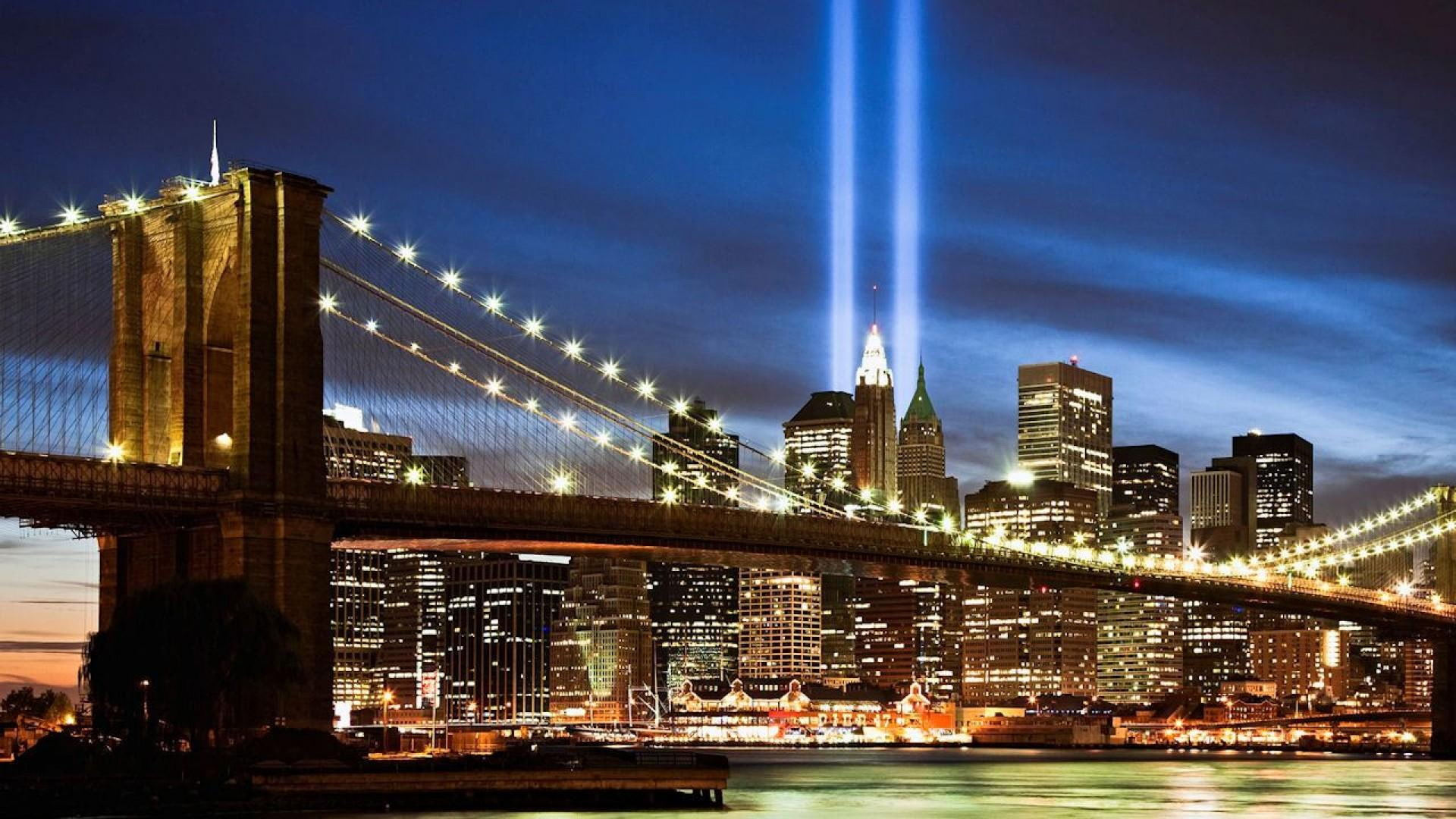 lights, bridge, 1080P, tribute, brooklyn, nature and landscapes, HD Wallpaper