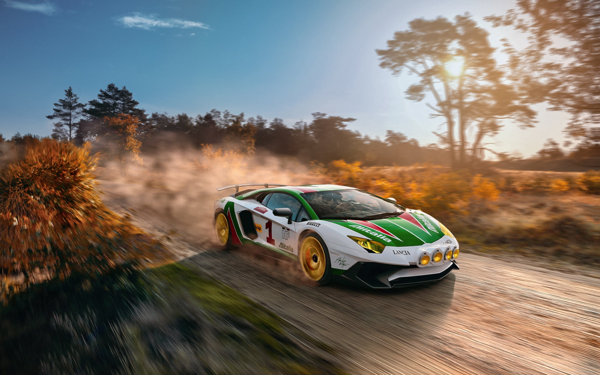 Lamborghini, the sun, the sky, speed, primer, THOMAS VAN ROOIJ, LP750-4 SV, Aventador, light, 1080P, road, Alitalia Tribute, HD Wallpaper
