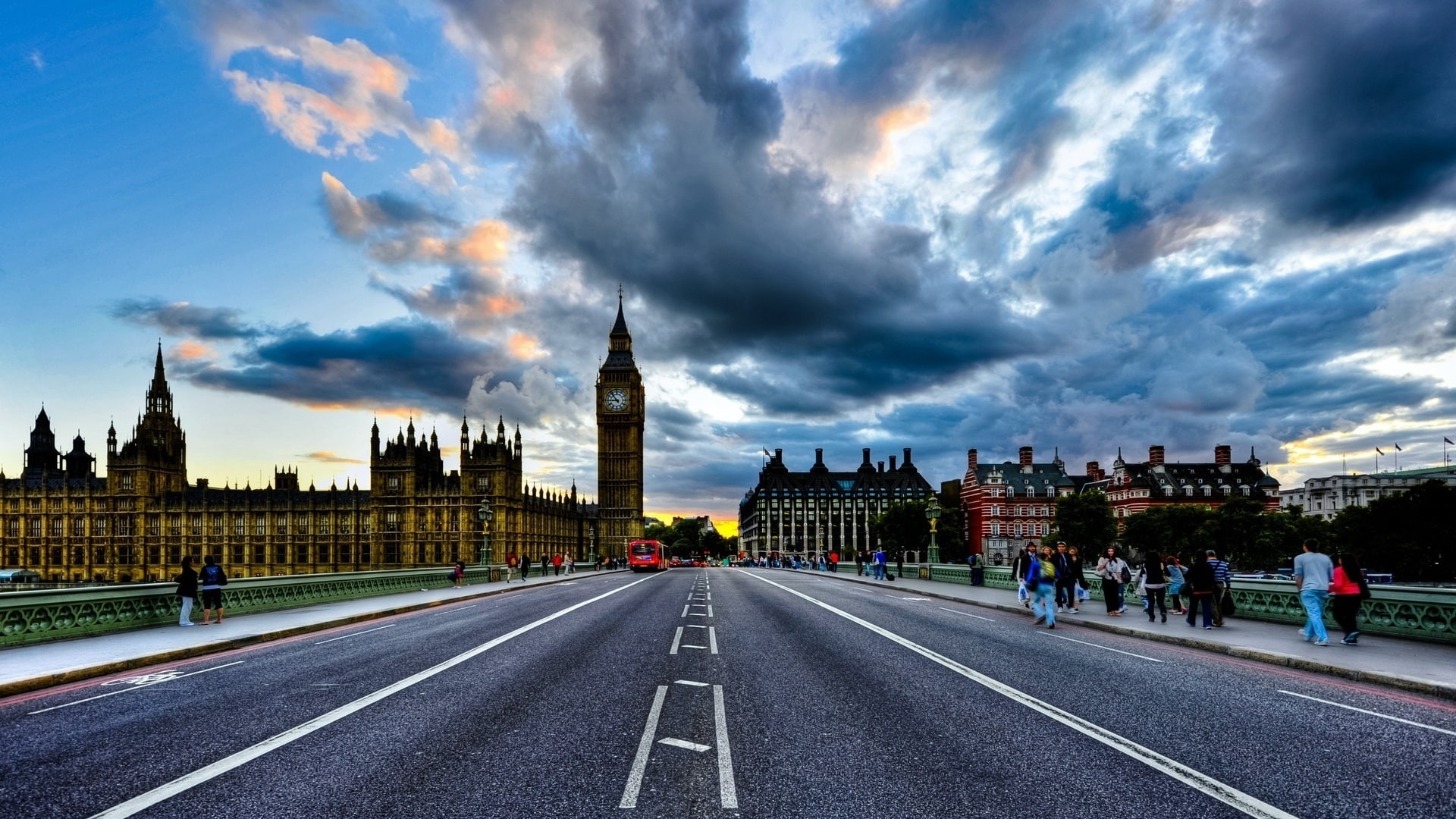 bridge, UK, 1080P, clouds, cityscape, sky, Westminster, London, Big Ben, road, HD Wallpaper