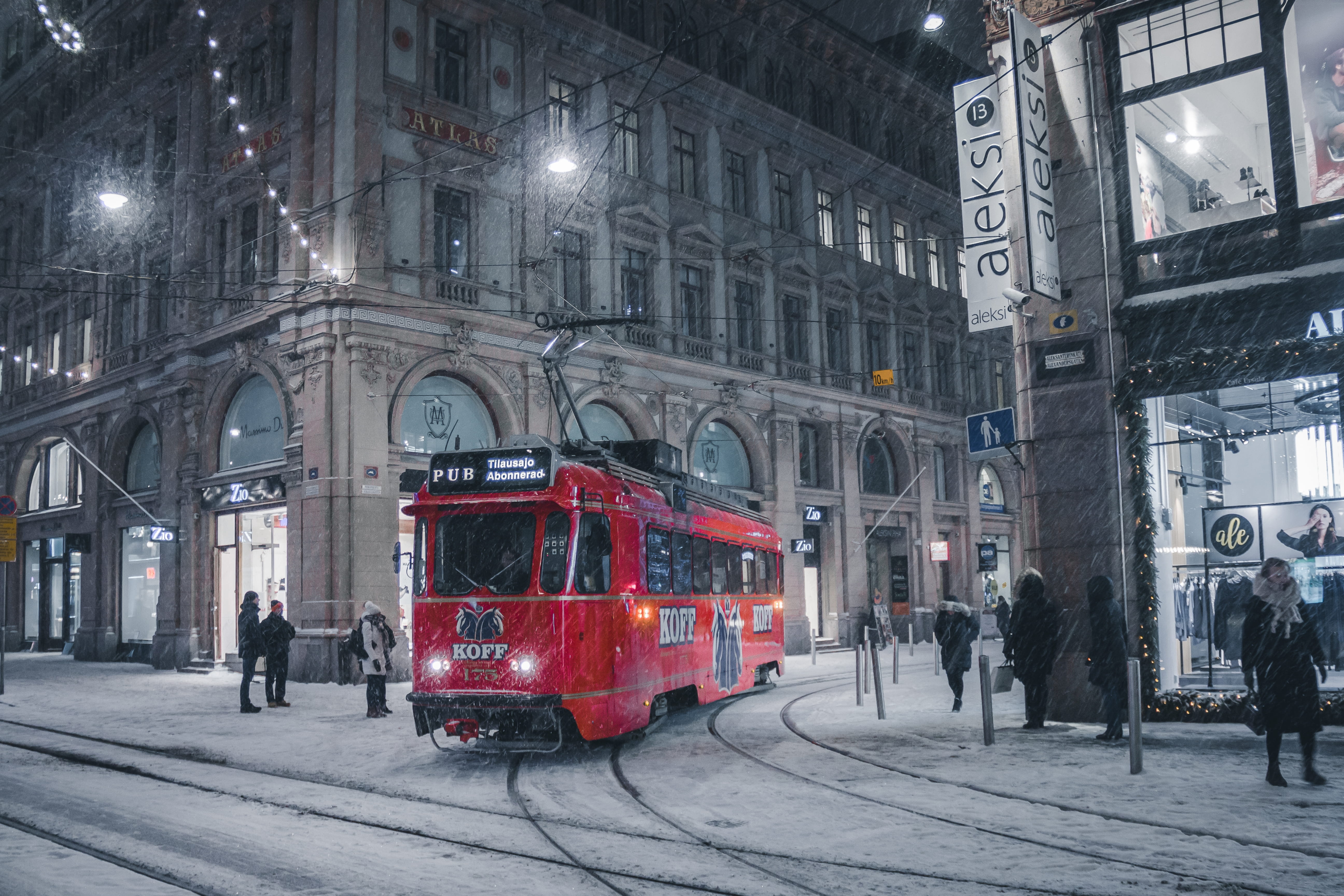 street, red, street view, track, crowd, evening, building exterior, transportation, 5K, night, tramway track, snowing, business, double-decker bus, land vehicle, HD Wallpaper