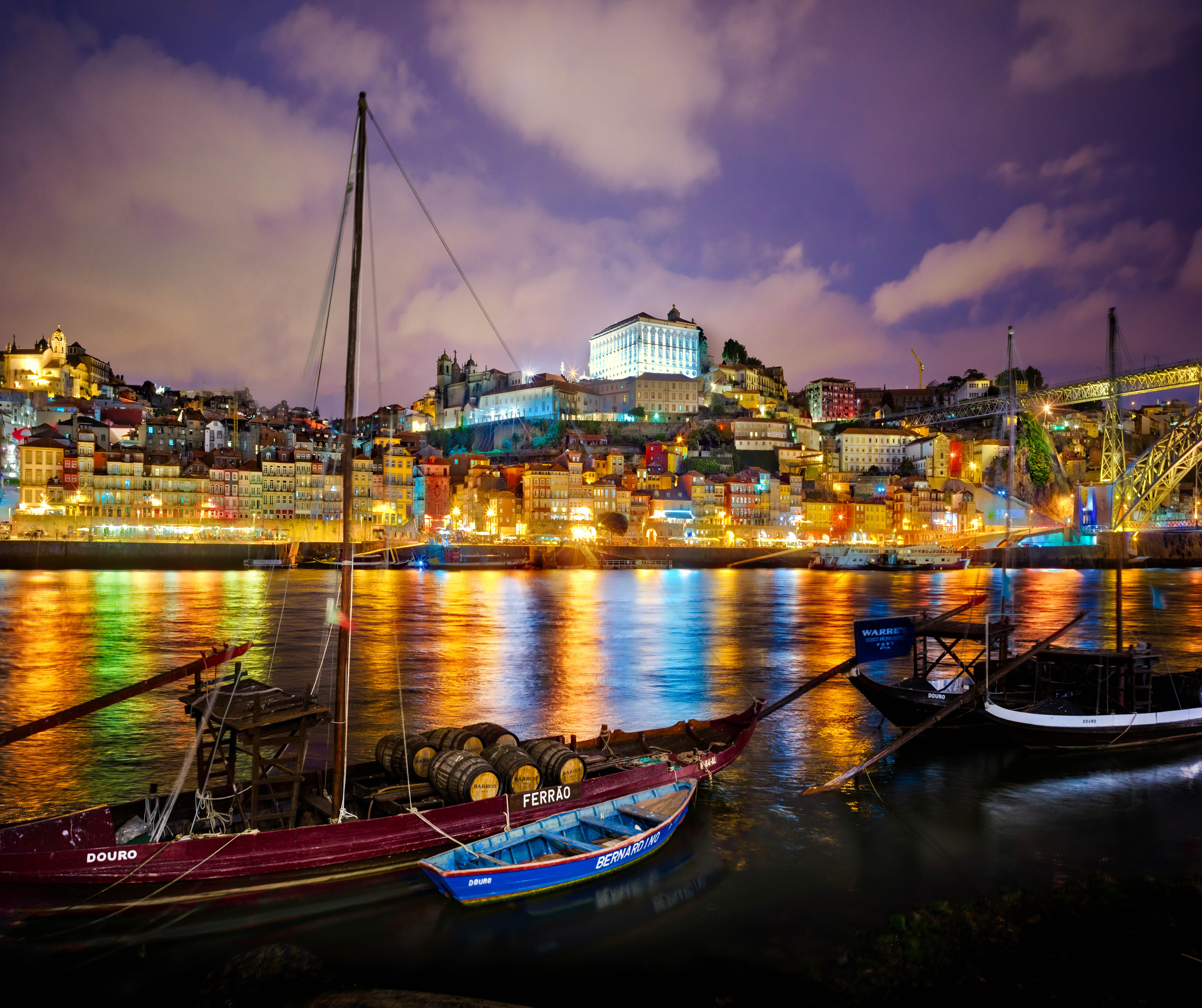 at night, body, famous Place, night, water, portugal, sea, cityscape, Oporto, Night  Lights, europe, nautical Vessel, body of water, city, Portugal, harbor, HD Wallpaper