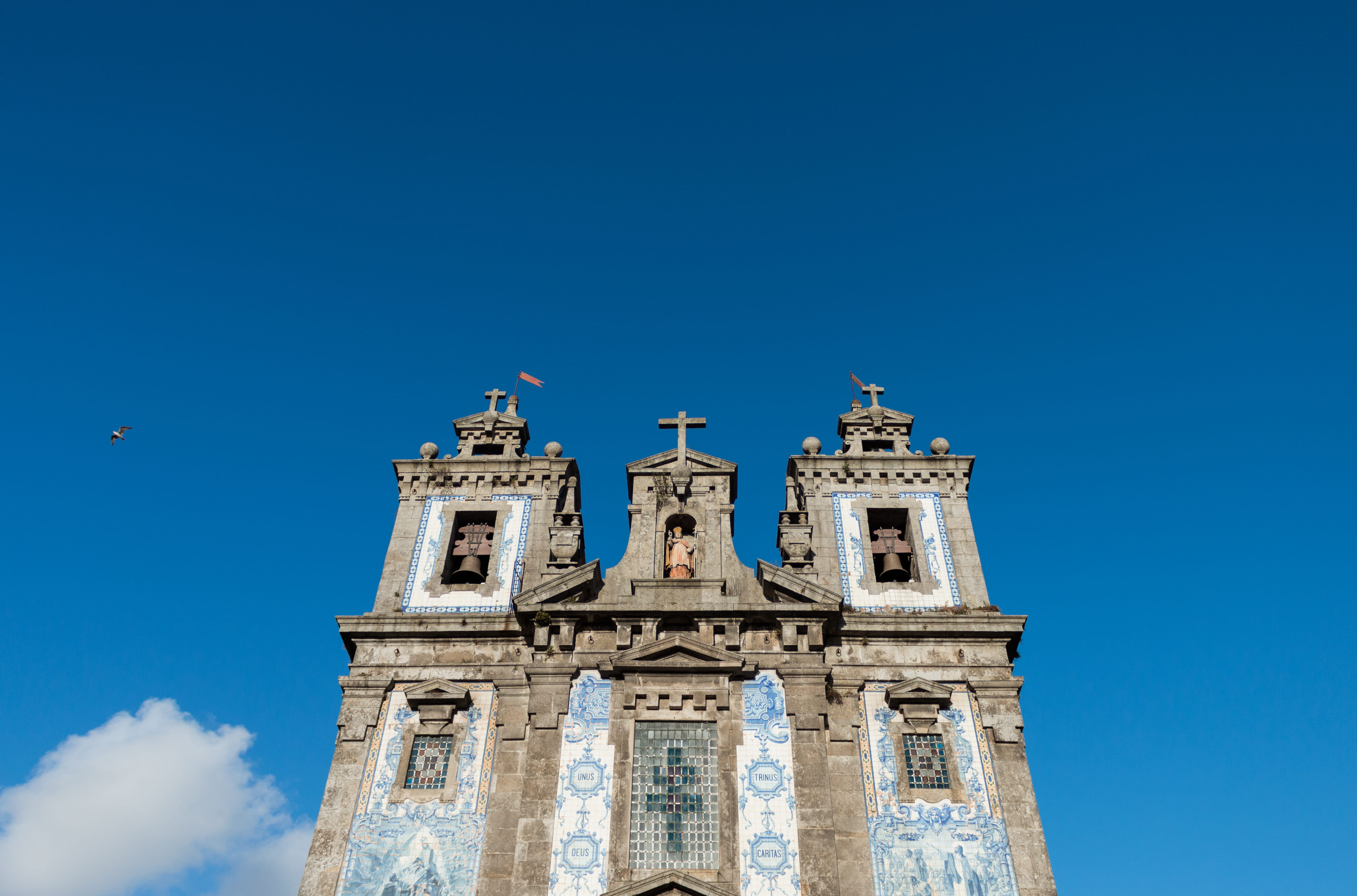 clock, travel, no people, building exterior, cross, built structure, the past, church, low angle view, belief, portugal, tower, clear sky, blue, architecture, HD Wallpaper