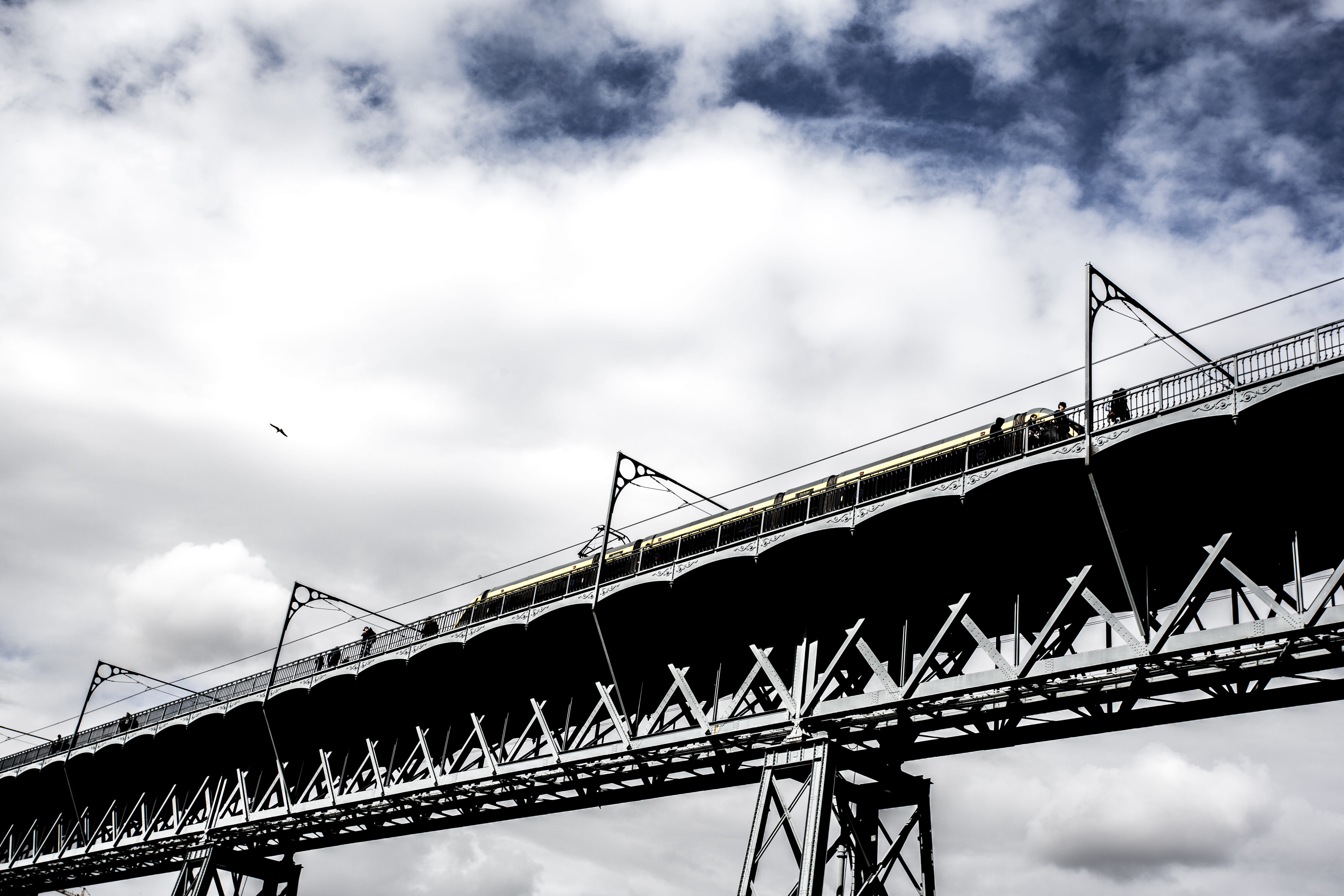 travel, low angle view, portugal, transportation, sky, connection, outdoors, europe, overpass, engineering, 5K, day, built structure, metal, cloud - sky, HD Wallpaper
