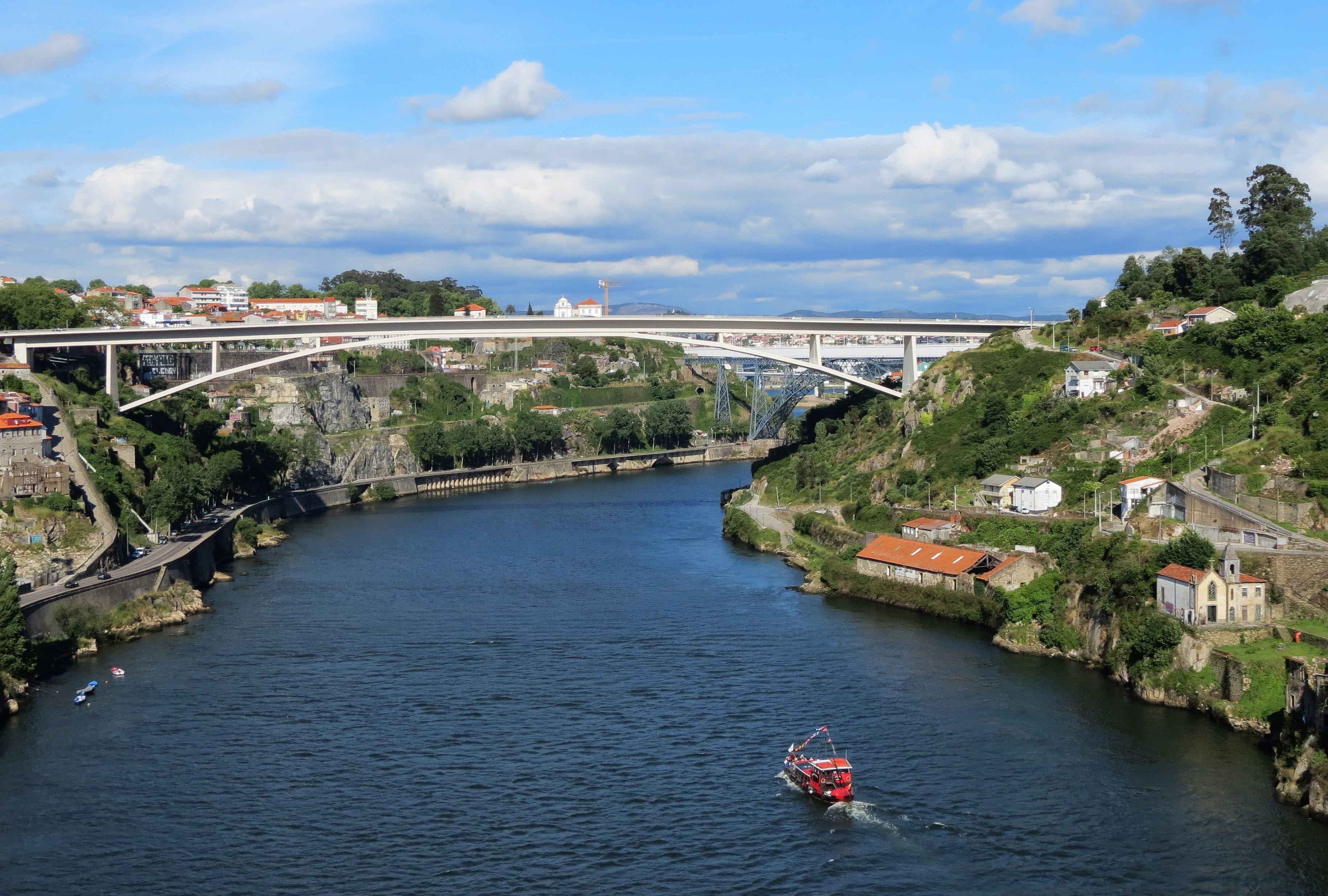 bridge - man made structure, city, high angle view, arch bridge, water, mode of transportation, cloud - sky, douro, connection, portugal, nature, built structure, HD Wallpaper