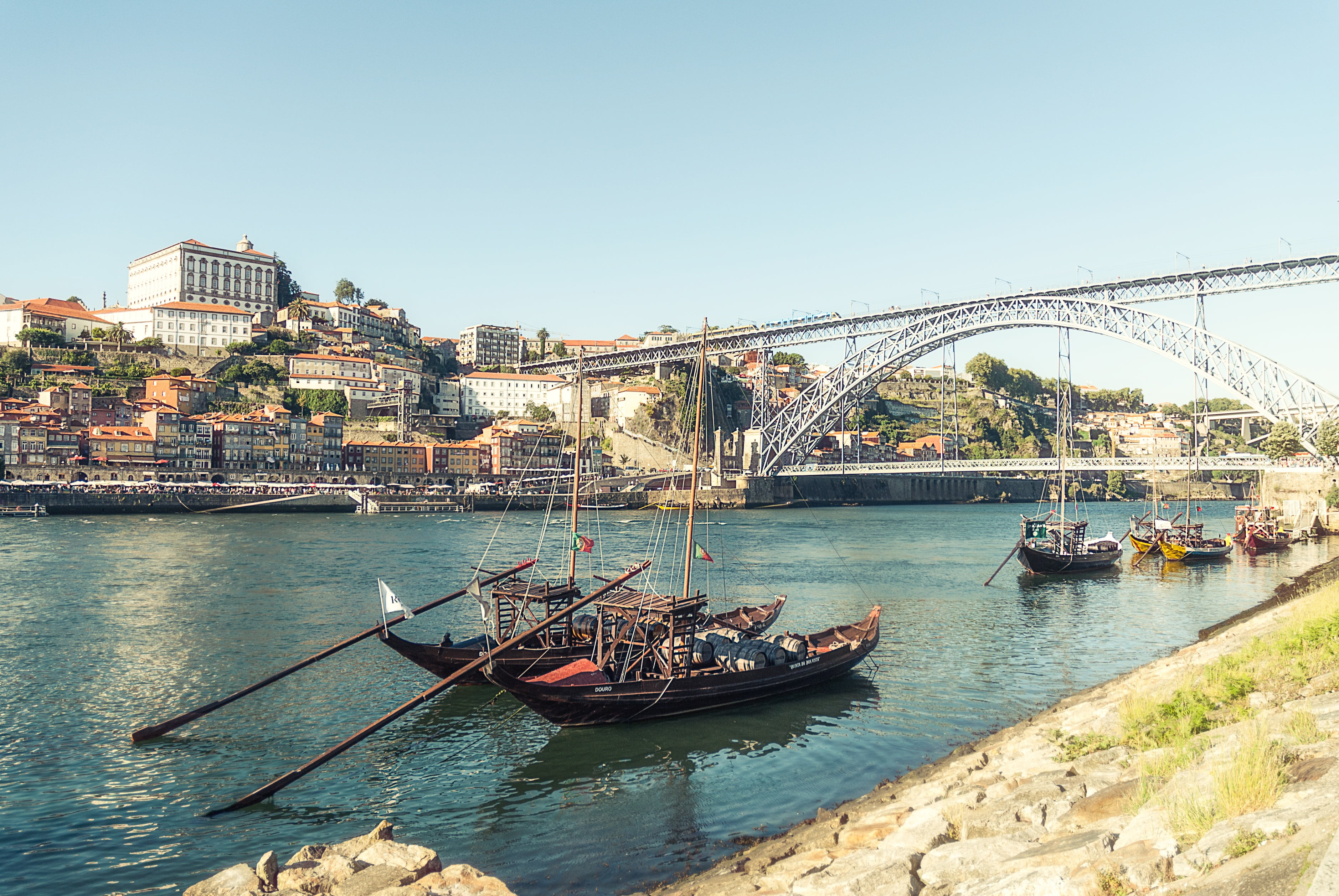 bridge, porto, city, brown, building exterior, portugal, architecture, transportation, nautical vessel, ribeira, cityscape, clear sky, historic city, waterfront, HD Wallpaper