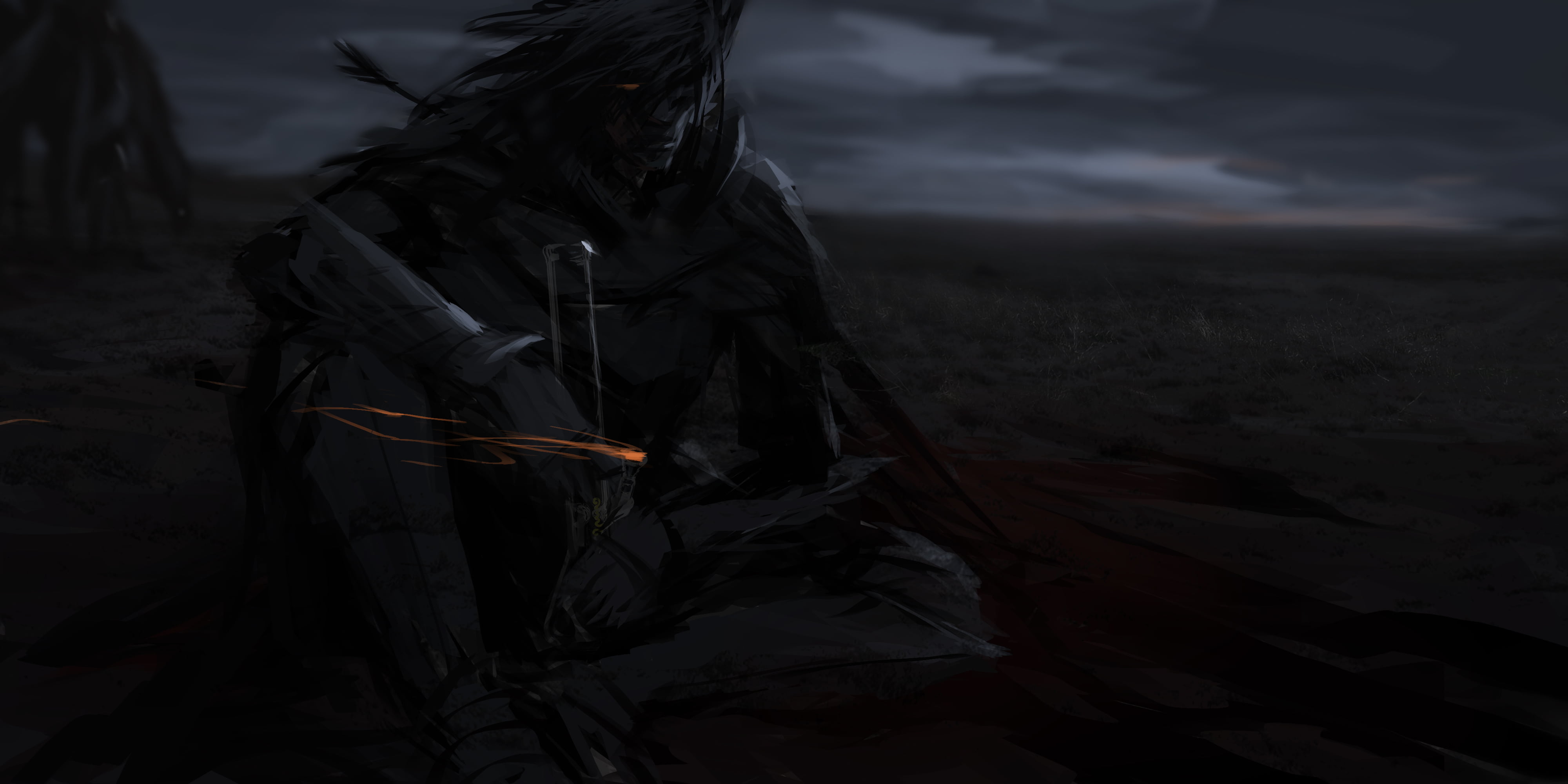  sky, clothing, one person, dark, standing, outdoors, cloud - sky, 4K, tranquility, sitting, look, art, nature, unrecognizable person, warrior, HD Wallpaper