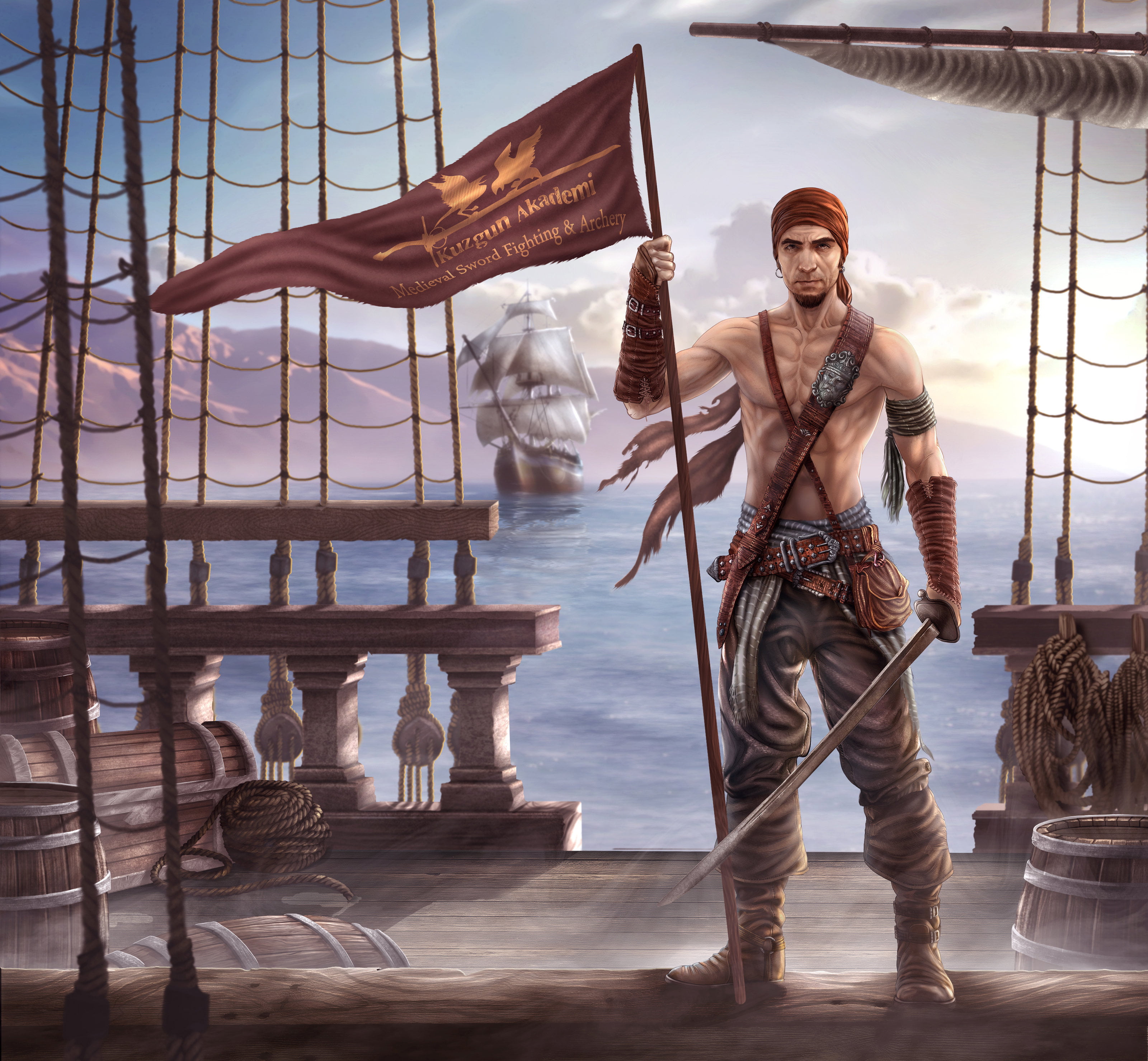 holding, sword, pirate, saber, banner, weapons, one person, full length, portrait, standing, emotion, architecture, 2K, sky, front view, flag, HD Wallpaper