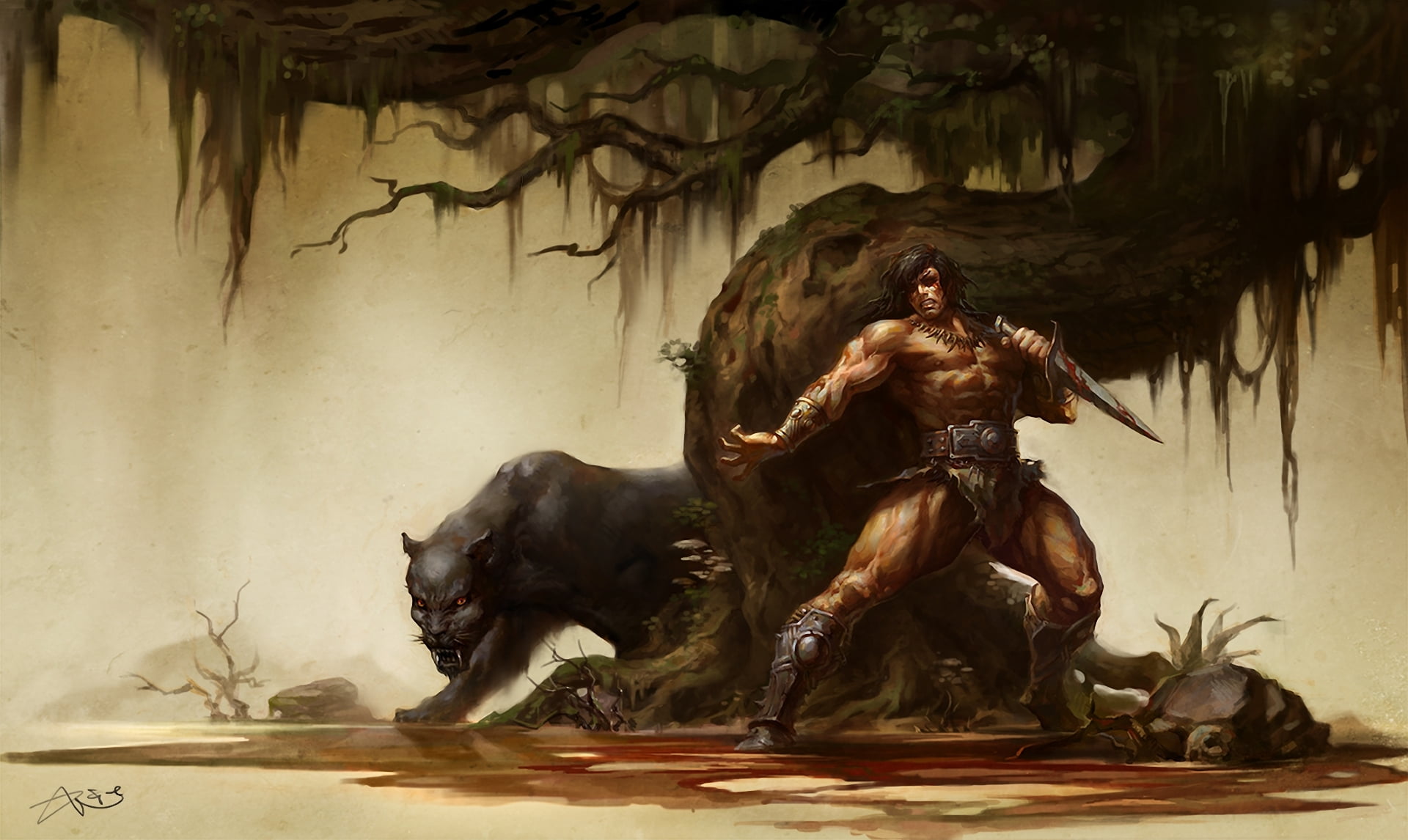weapons, animal wildlife, 1080P, Panther, no people, art and craft, animal, man, cultures, water, nature, monster, day, tree, sculpture, ancient, outdoors, HD Wallpaper