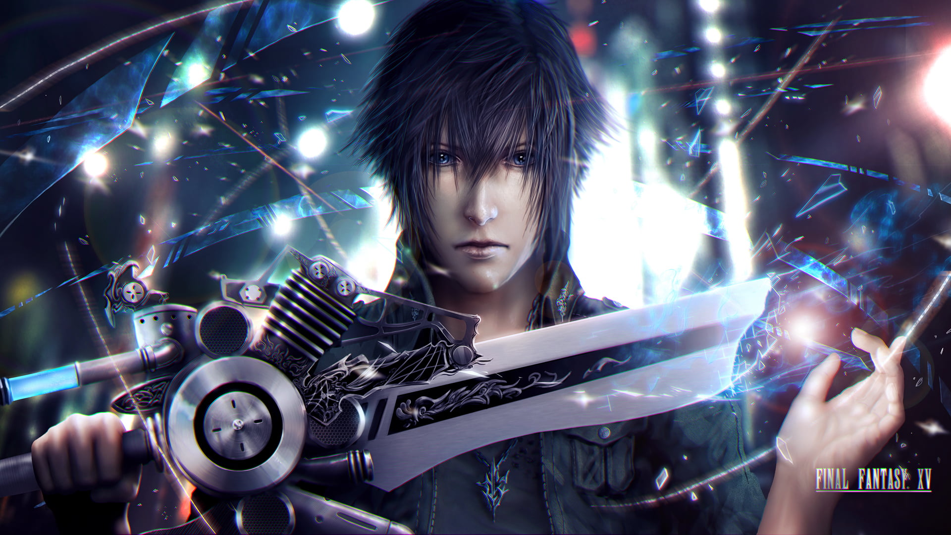 fantasy, hairstyle, digital composite, art, guy, adult, one person, Final Fantasy XV, illuminated, sword, technology, noctis, iv, holding, young adult, HD Wallpaper
