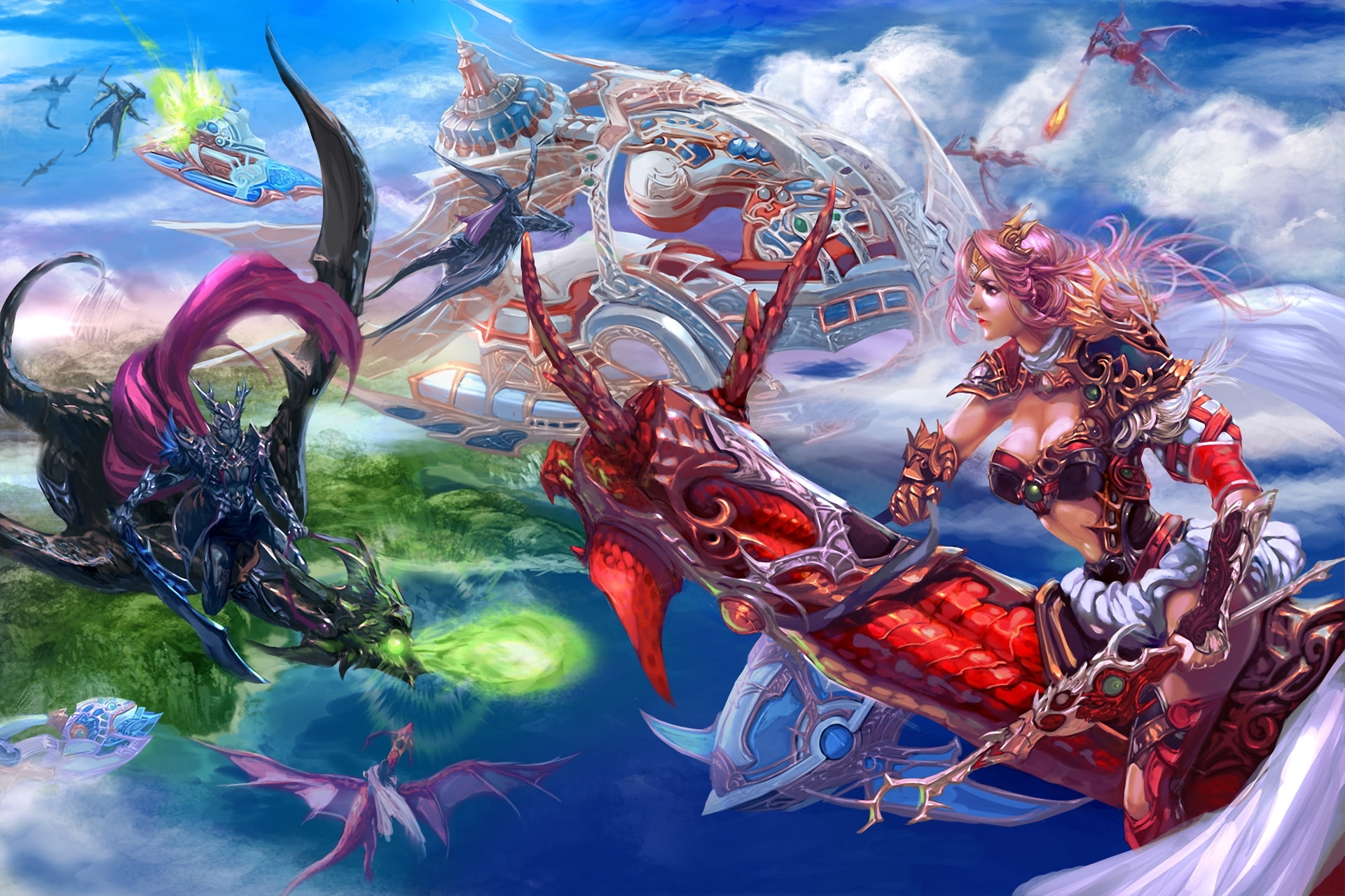art, game, girl, xiaobotong, dragon, magic, man, battle, transport, woman, weapons, 1080P, dragons, male, in the sky, riding, HD Wallpaper