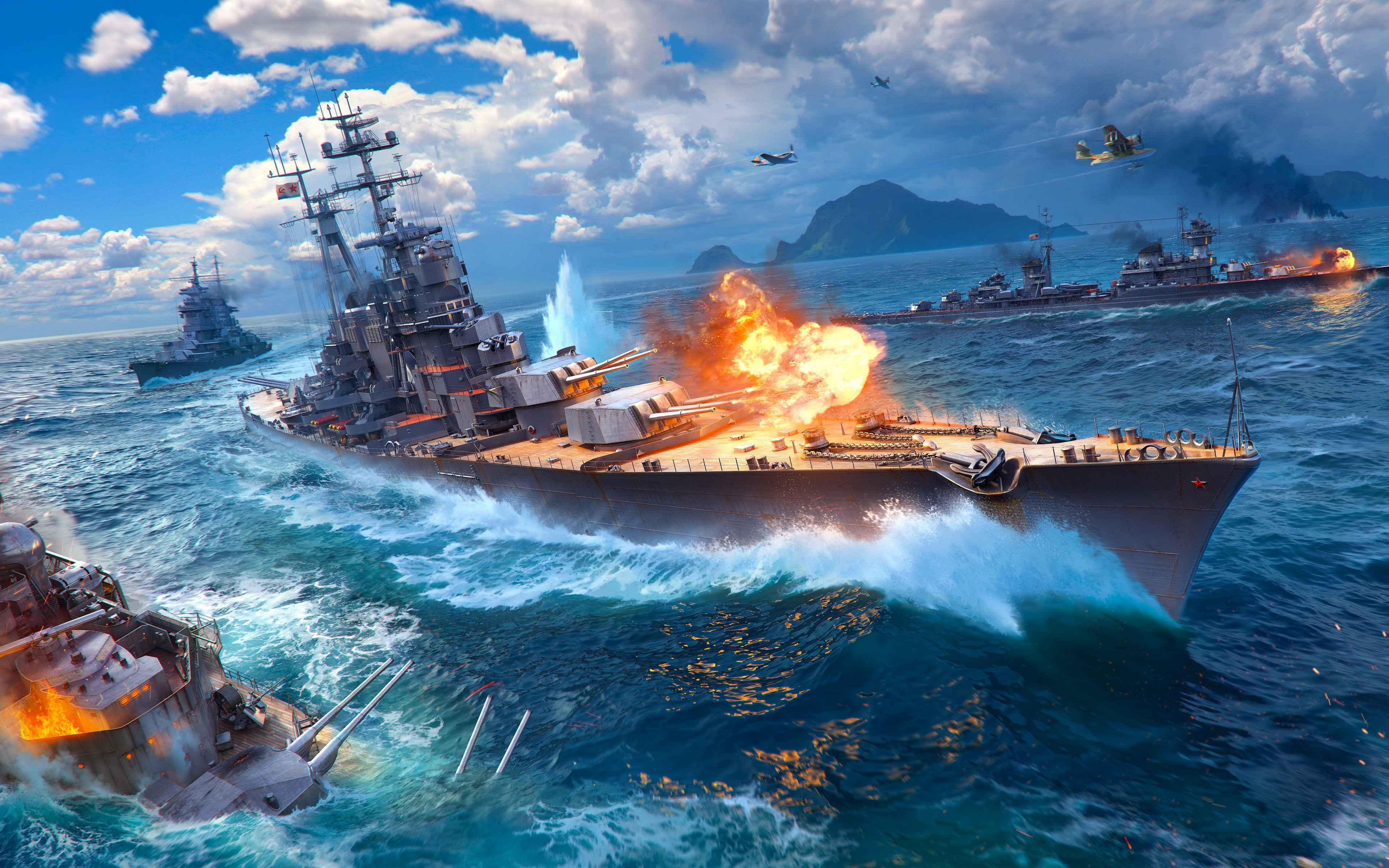 4K, orld of warships, wargaming net backgrounds, Download 3840x2400 world of warships, explosion, ship, HD Wallpaper