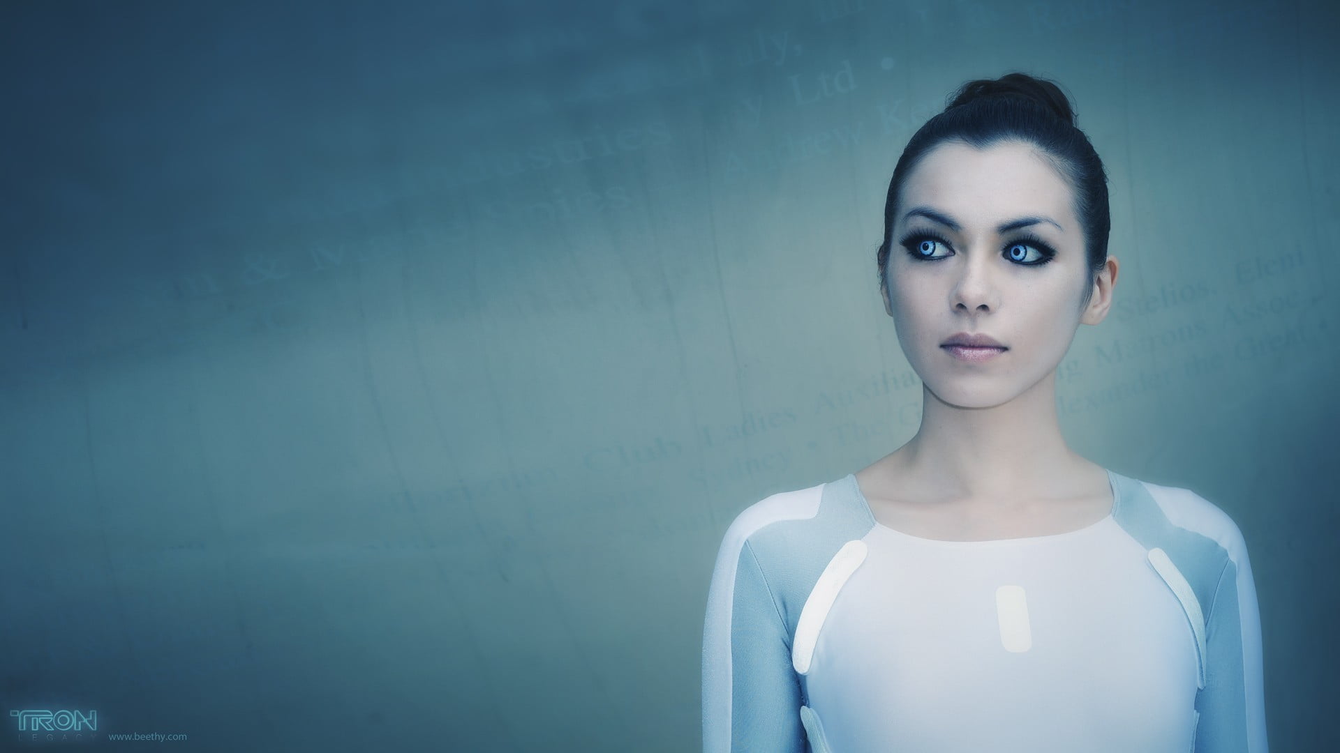 indoors, 1080P, beautiful woman, blue background, digital composite, headshot, blue, adult, science fiction, hairstyle, portrait, contemplation, Tron: Legacy, HD Wallpaper